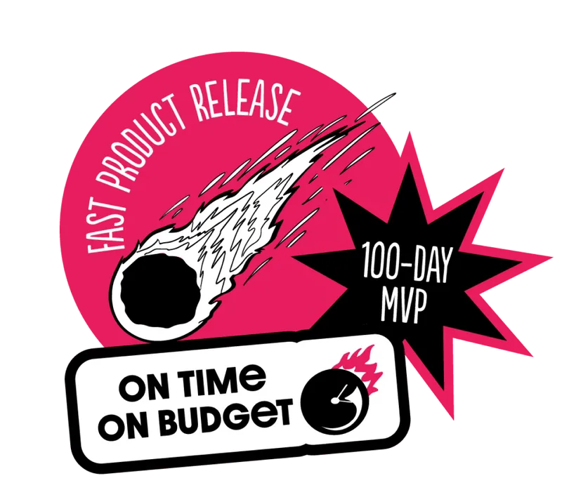A cluster of pink, black, and white stickers with “Fast product release,” “100-day MVP,” and “On time on budget” written on them.