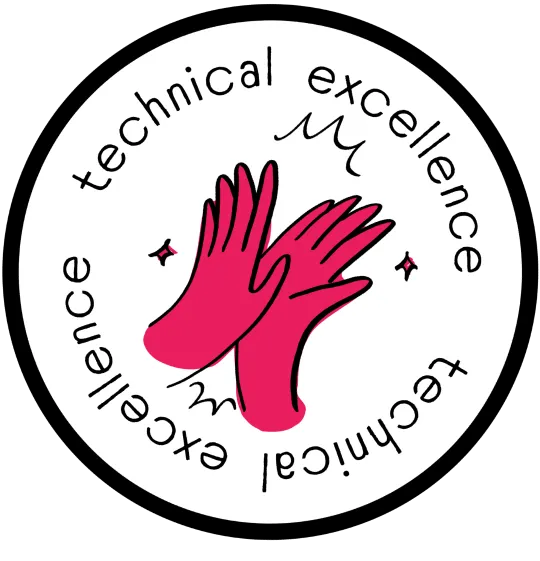 A round sticker showing a pair of pink hands high-fiving with “Technical excellence” written around it.