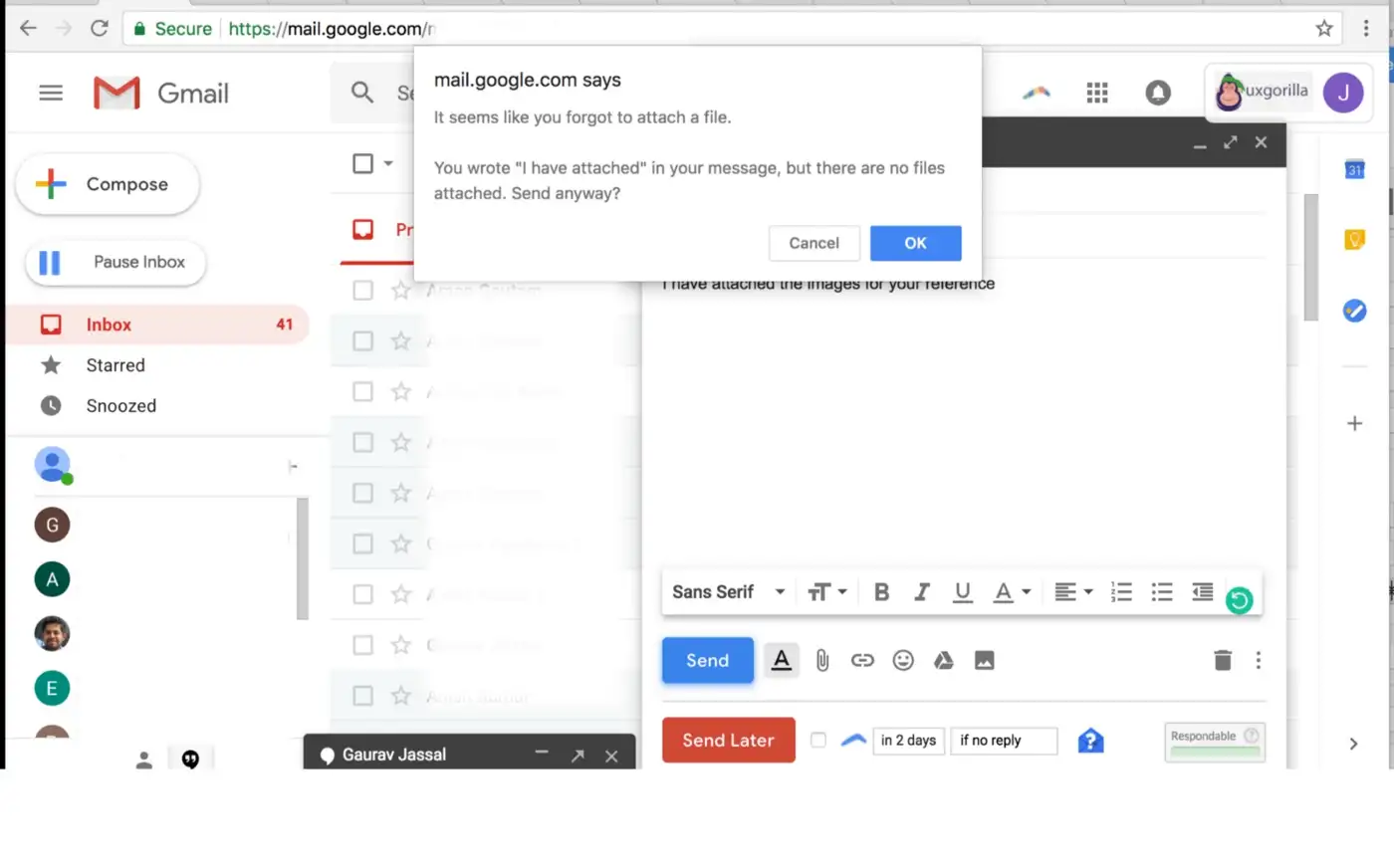 Gmail inbox layout, a “new message” window, and an error message from mail.google.com about a mishap of file attachment.