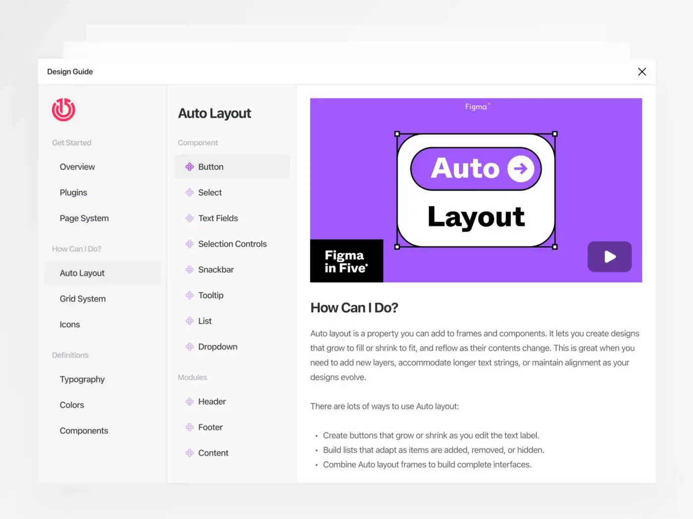 Auto Layout, Grid System, and Icons tutorials within the Atolye15 plugin.