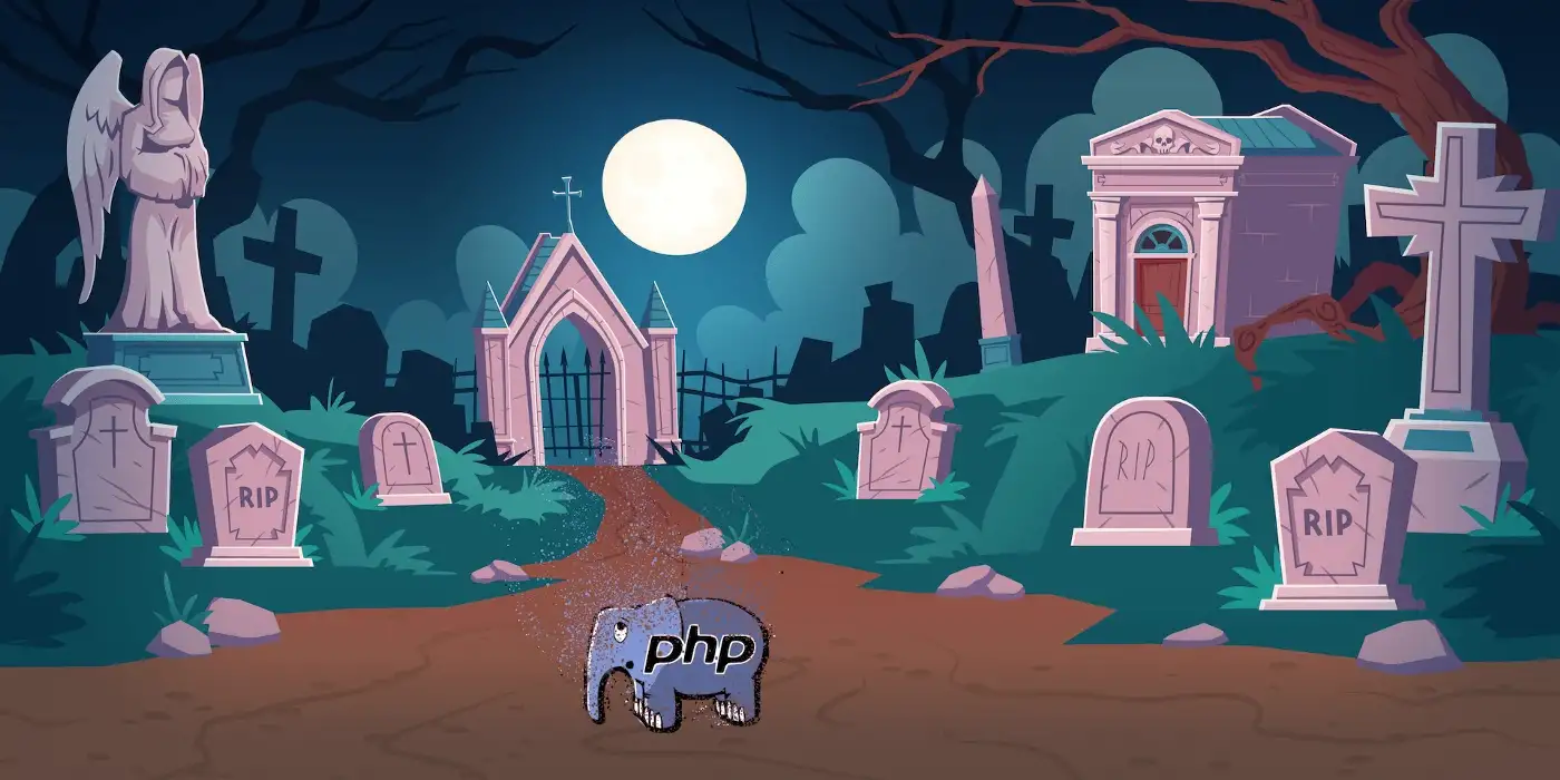 An illustration of an elephant with “php” written on it, standing in the middle of a graveyard.