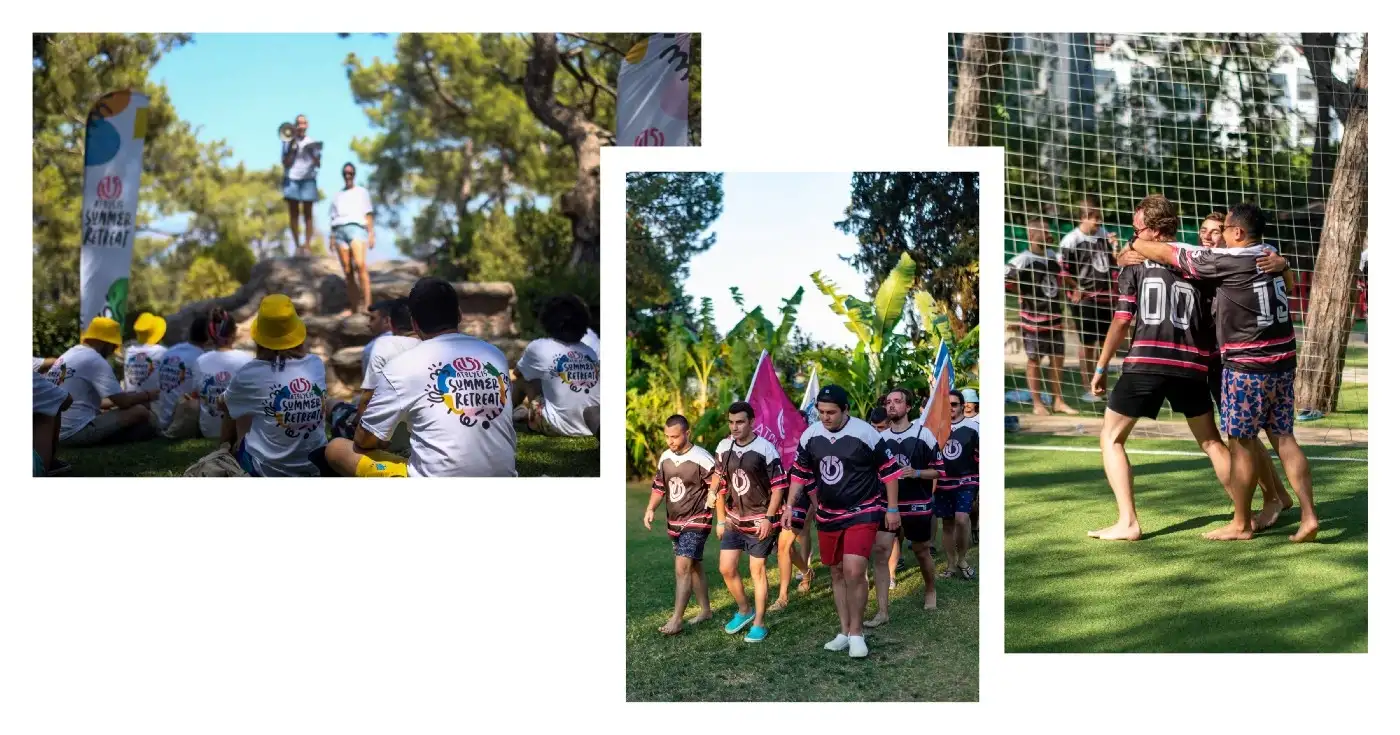A collage of Atolye15 Summer Retreat activities, showing people in jerseys hugging, and walking with flags in hand.