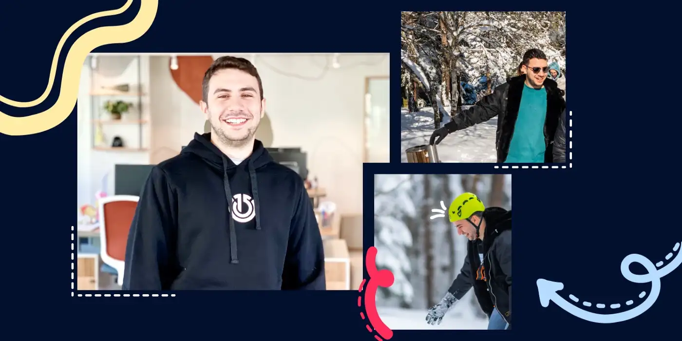 A collage of a young man, wearing an Atolye15 hoodie and having fun in the snow at the Atolye15 Winter Retreat.