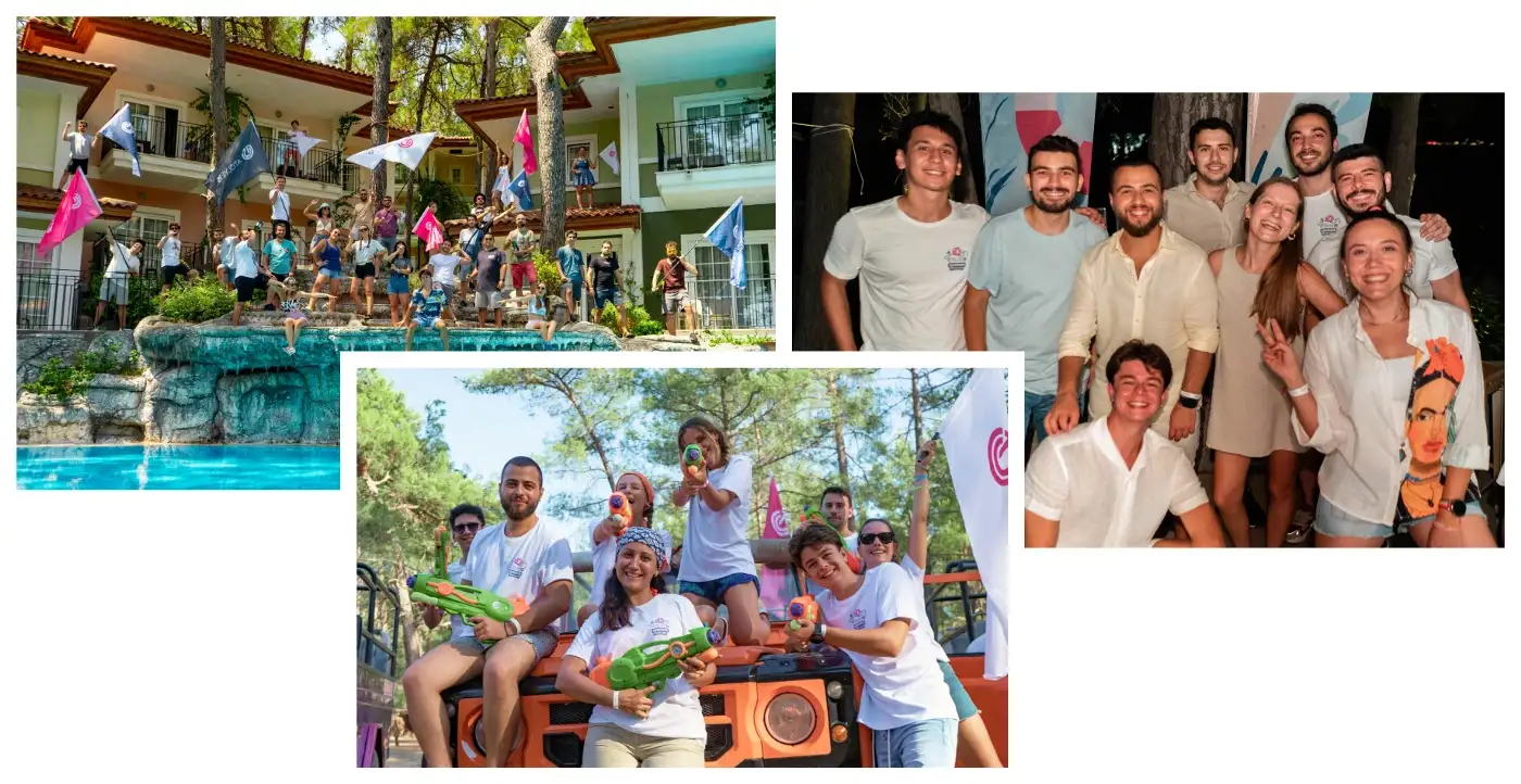 A collage of Summer Retreat’22 photos, showing the Atolye15 team posing with water guns and waving flags behind a pool.