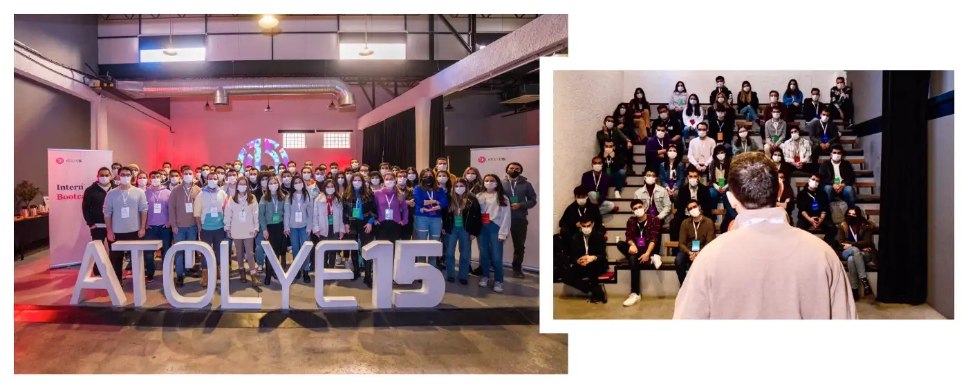 A group of people At the 8th Intern Bootcamp posing behind a big Atolye15 statue and people sitting in a lecture hall.