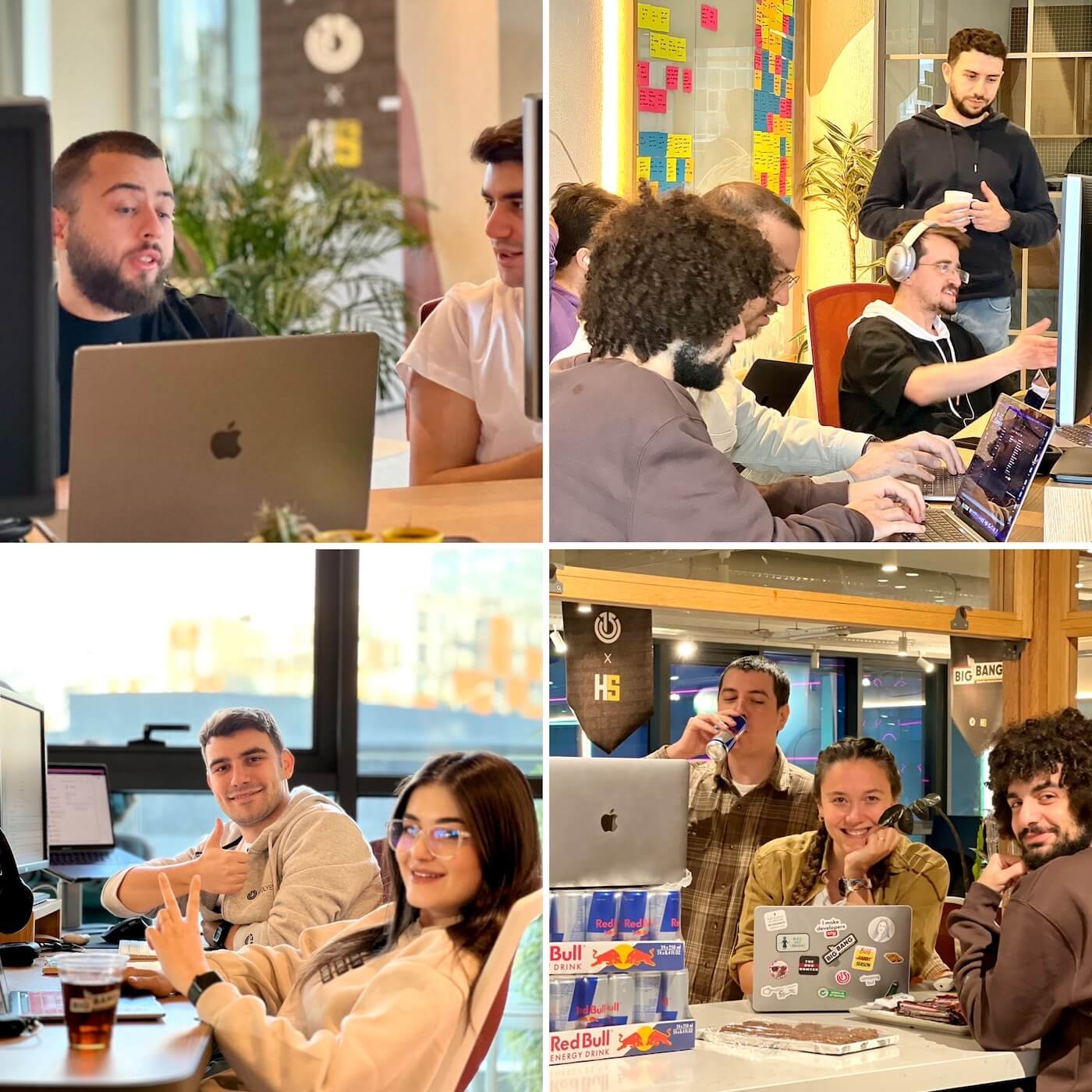 A collage of four images featuring Atolye15 employees working on their computers, drinking Red Bull, surrounded by Big Bang banners with the Heinrich Schmid logo.