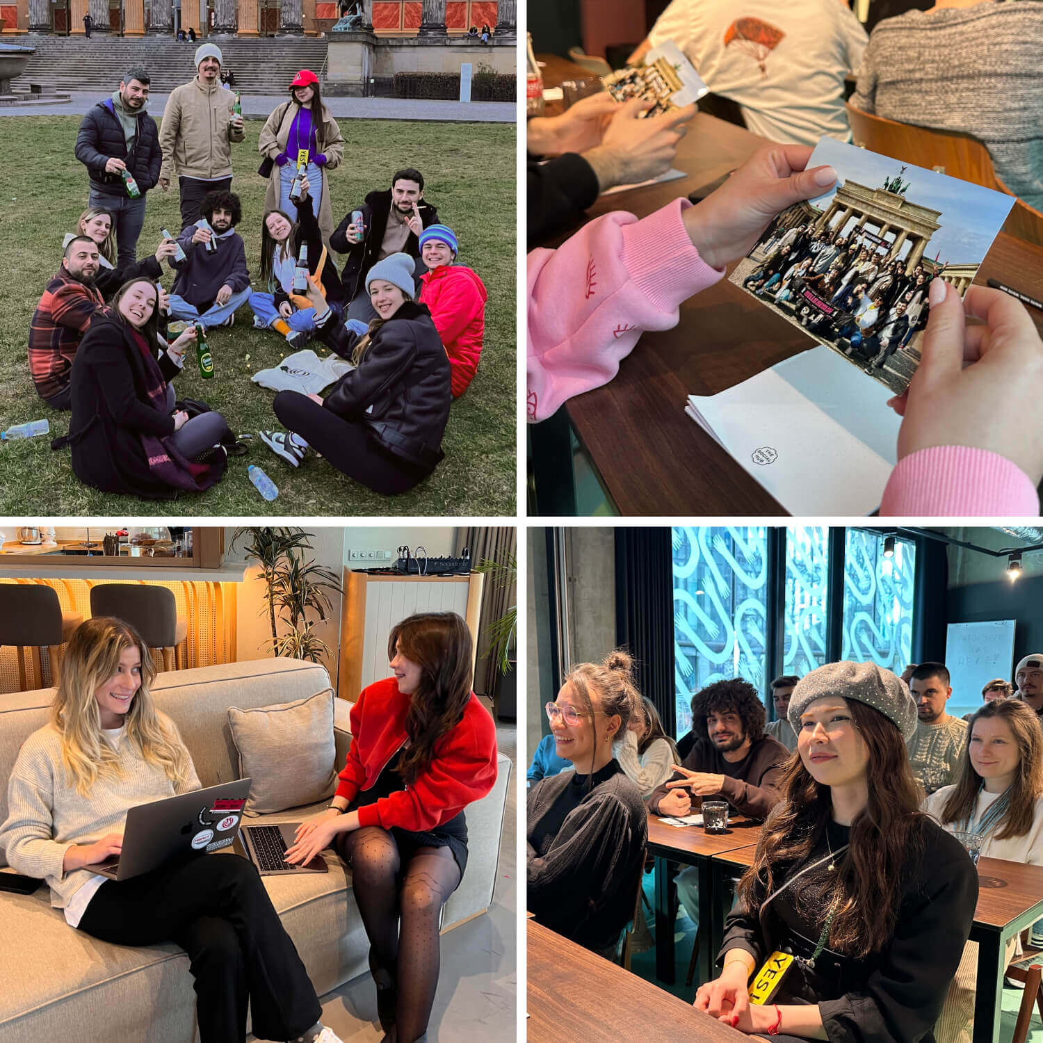 A collage of 4 photos featuring the Atolye15 team in Berlin, sightseeing, attending the kickoff event, and working at the İzmir office.