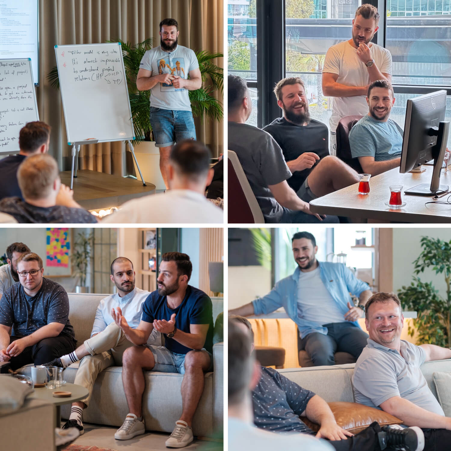 A collage of four photos showing a group of people working in an office, having meetings, and enjoying each other’s company with smiling faces.