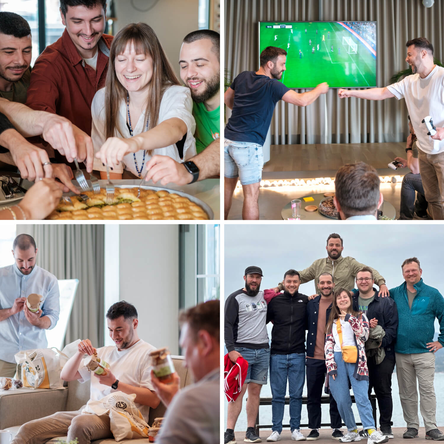 A collage of four photos showing a group of people eating baklava, playing FIFA, sightseeing in İzmir, and smiling while looking at souvenirs.