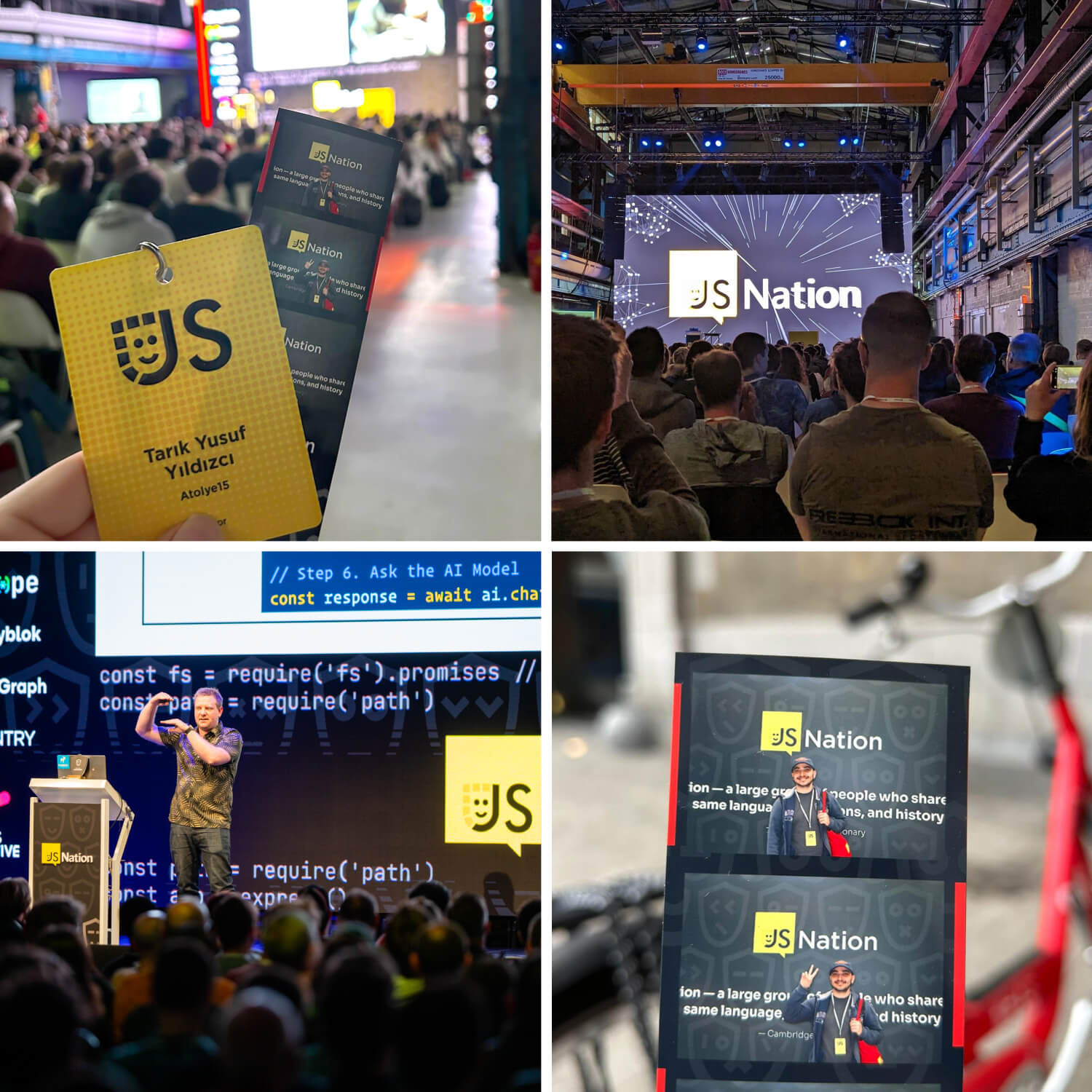 A collage featuring JSNation conference attendees in the crowded hall, the yellow attendee badge of Atolye15, and a man on stage giving a speech.