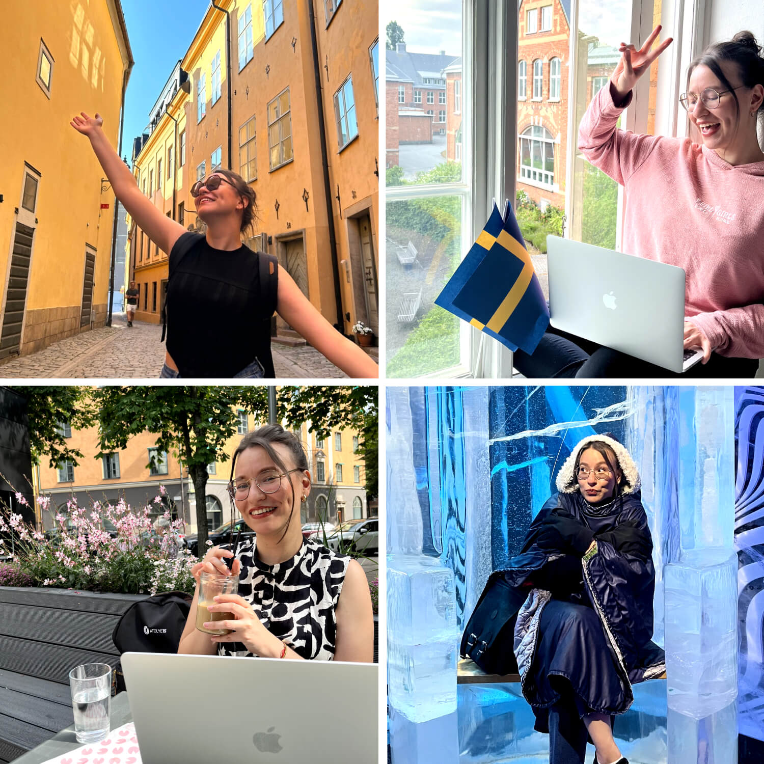 Four-photo collage featuring a young woman in Stockholm's streets, experiencing the famous ice bar, and working remotely on her laptop.