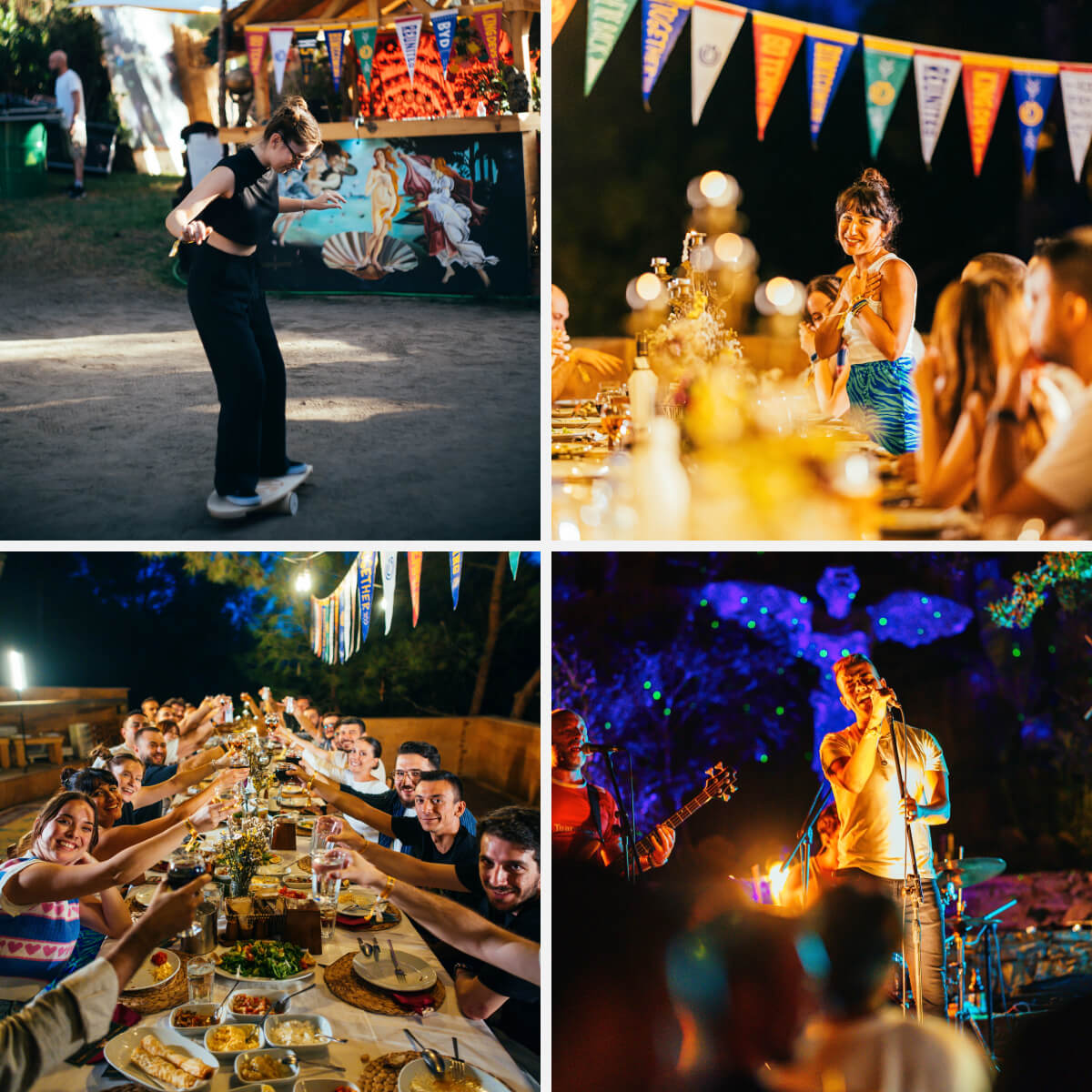 A group of people playing balance board games, dining at a long table, delivering speeches, and dancing near a stage with a live band.