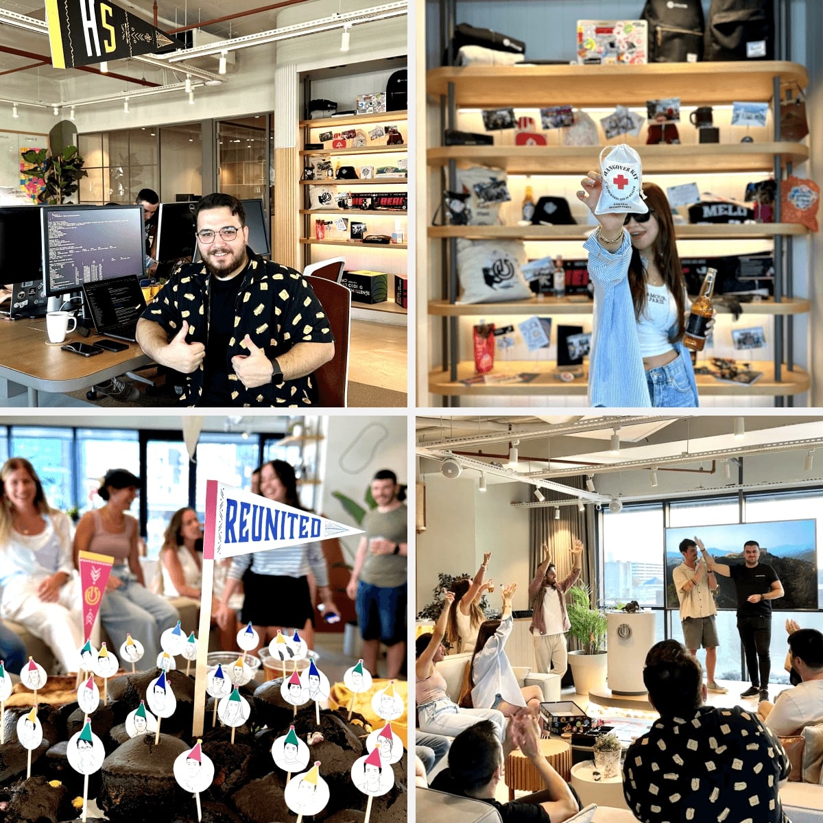 A group of people working in the office, playing games, and enjoying cupcakes during happy hour.