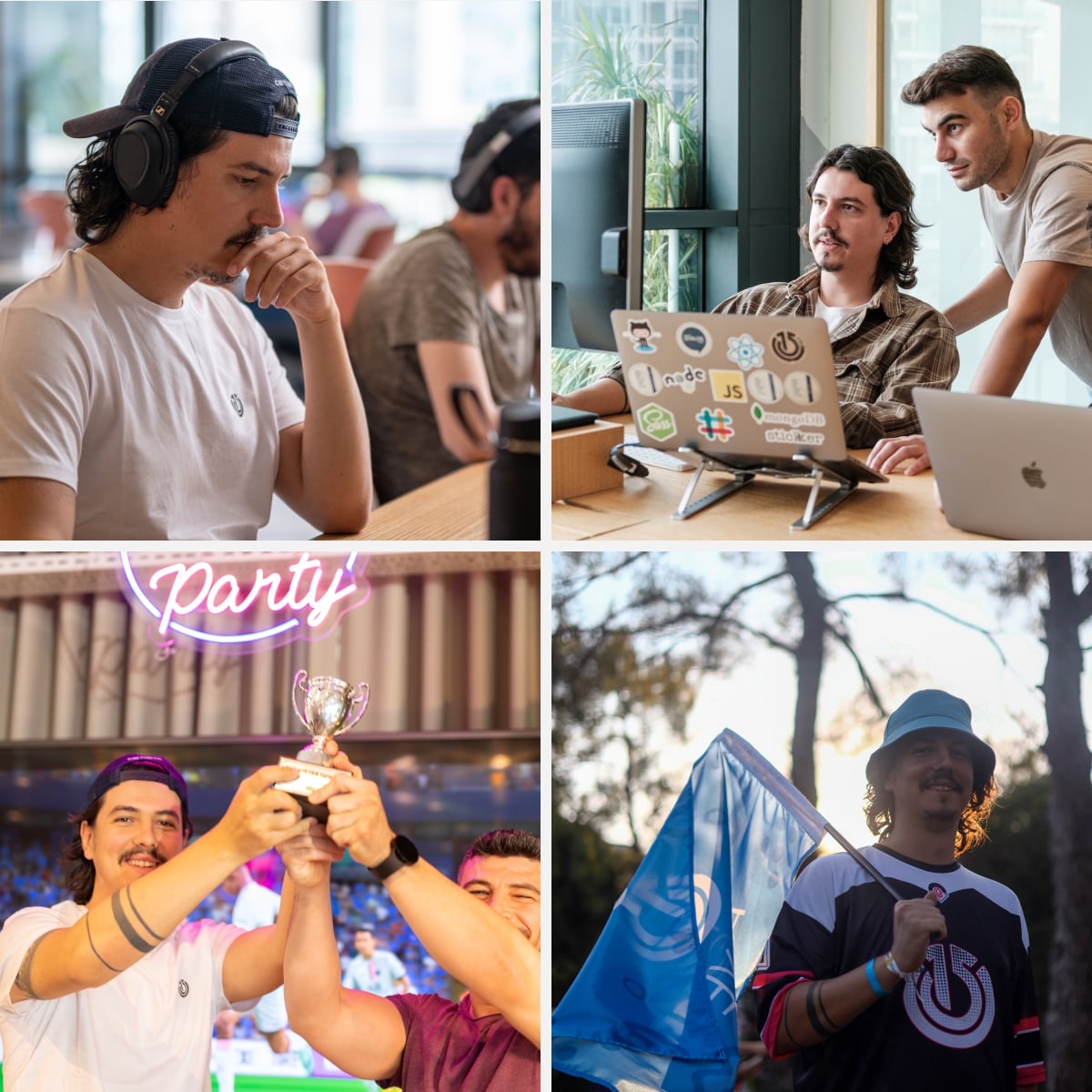 A four-photo collage showing a man coding on a laptop, celebrating with a trophy, and carrying an Atolye15 flag.
