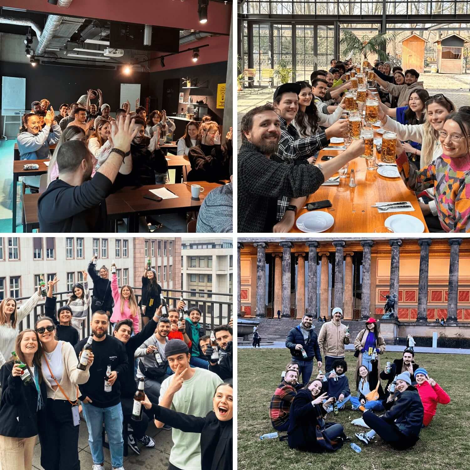 A collage of four photos depicting Atolye15 employees in Berlin, clapping during their kickoff meeting, celebrating their new office, and exploring the city.