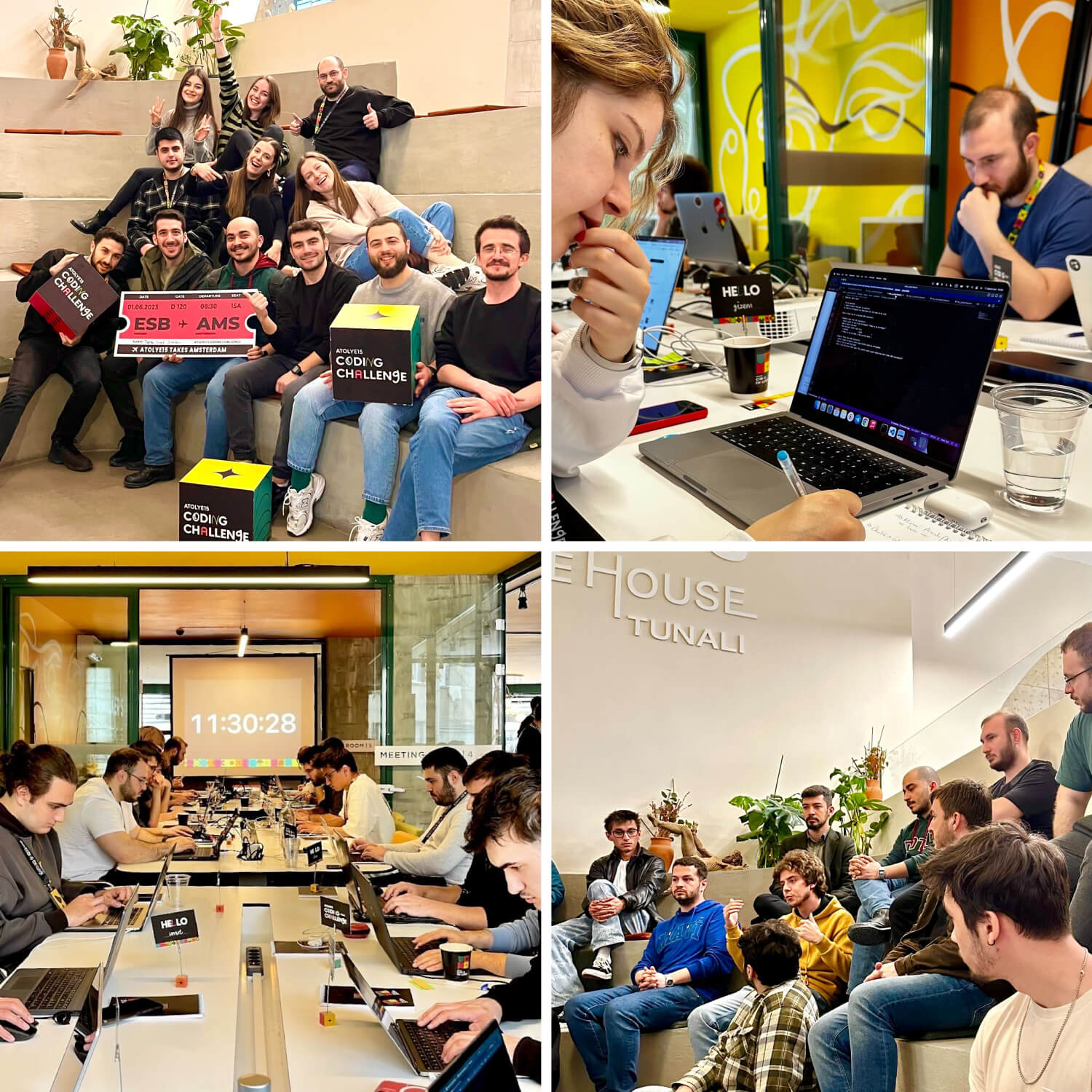 A collage of four images featuring the Atolye15 Team and Coding Challenge Ankara participants writing code at the Walkers Tunalı Coffee House.
