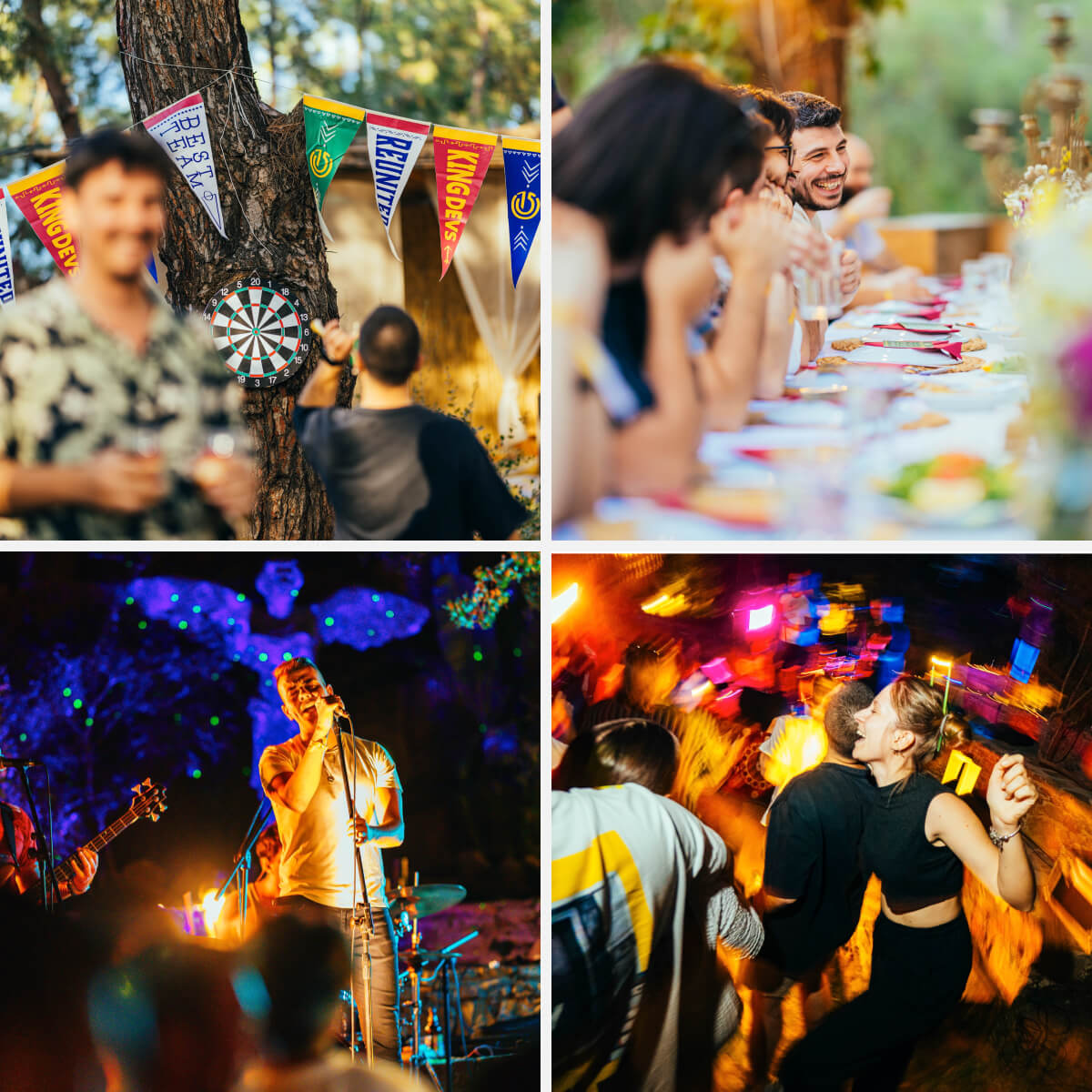 A series of Atolye15's Homecoming activities, featuring a dart game, a group dinner, a live music performance, and a dance party.