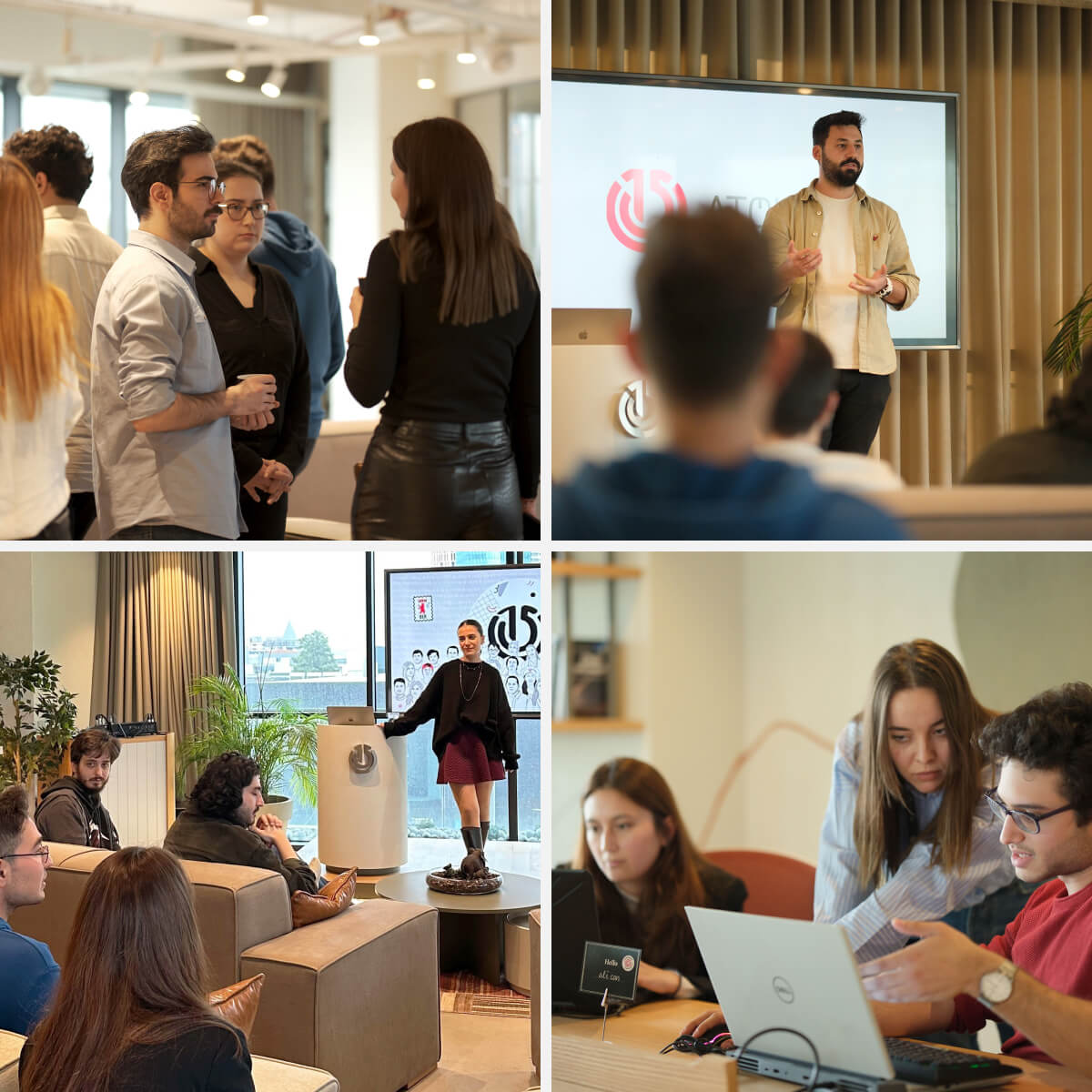 Scenes from the 9th Atolye15 Intern Bootcamp: Business Development Edition showing presentations, team discussions, and collaborative work sessions.