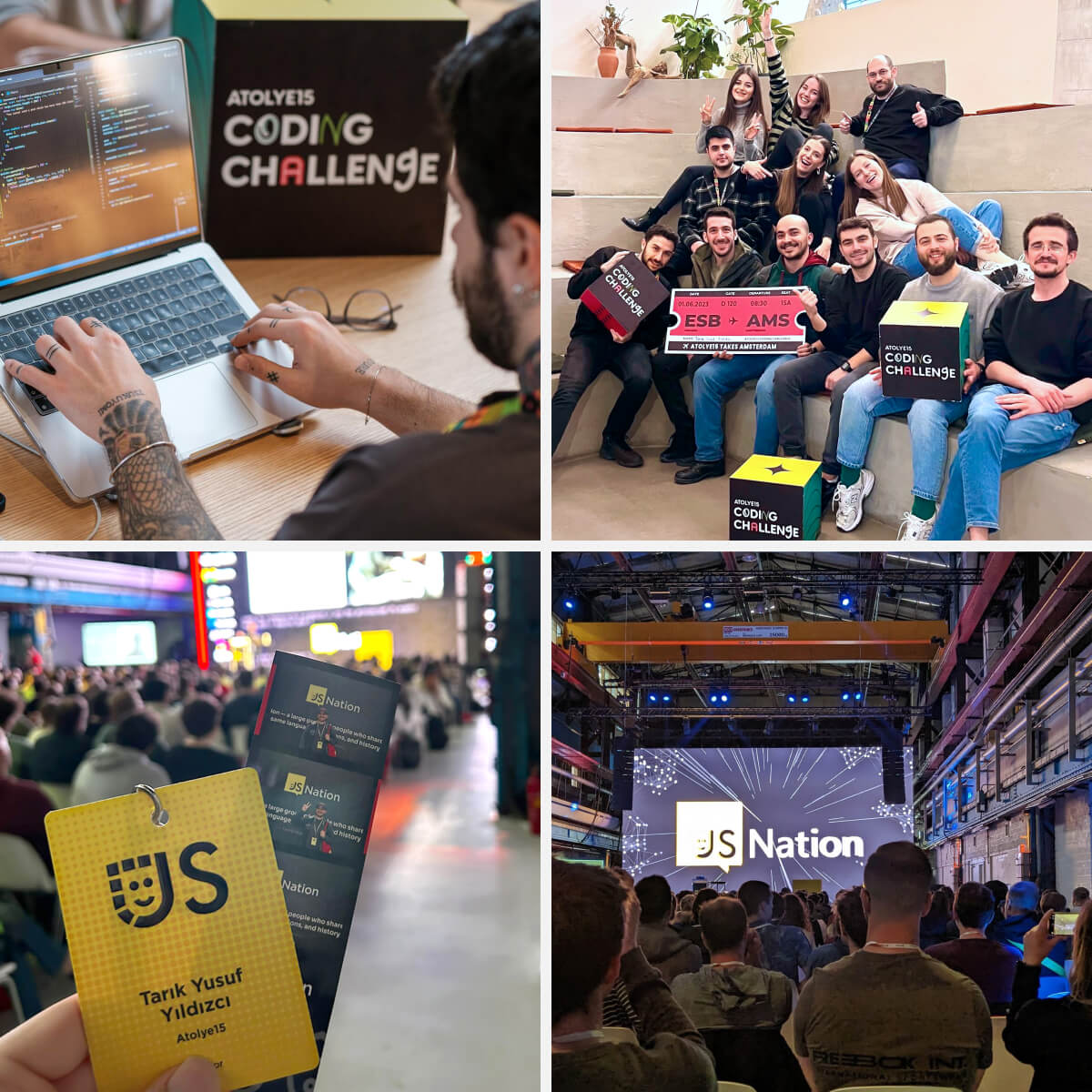 A collage of Atolye15's Coding Challenge event and JSNation, featuring participants, an attendee badge, and conference scenes.