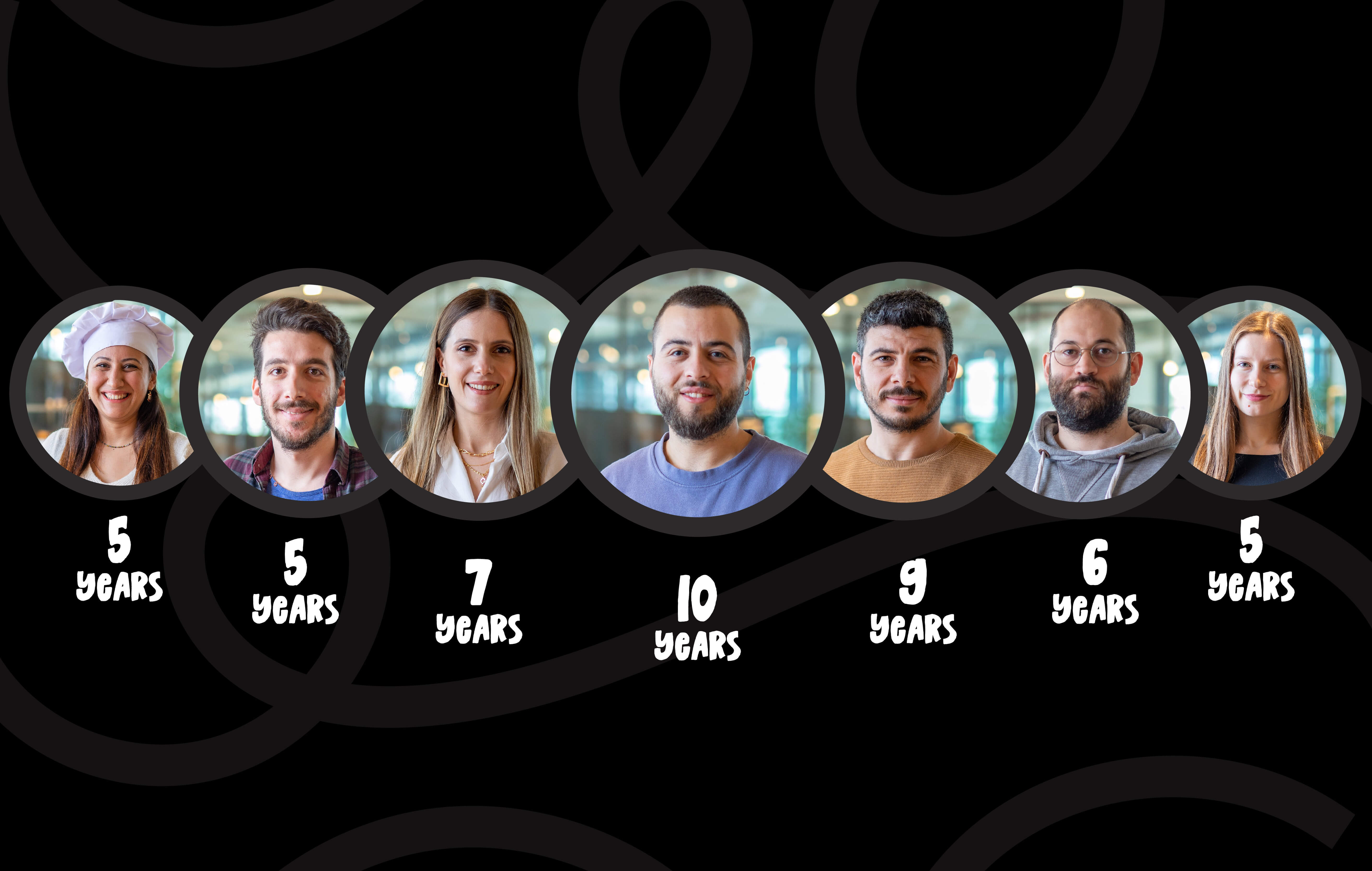 Portraits of Atolye15 team members celebrating work anniversaries, ranging from five to ten years with the company.