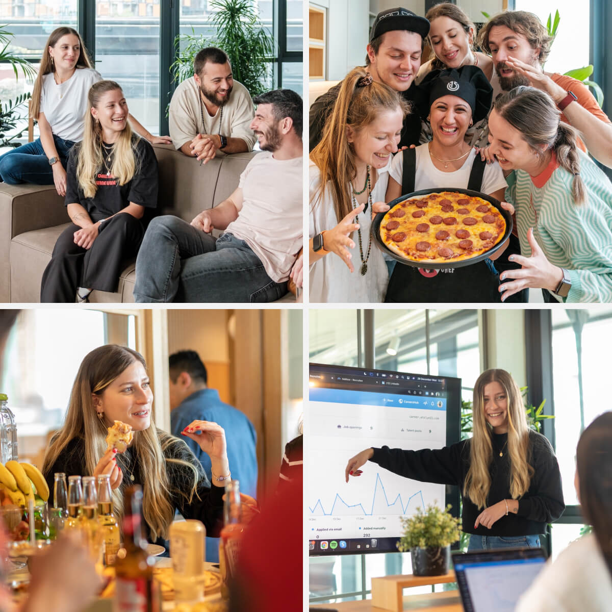 A collage of office life featuring coworkers chatting on a sofa, sharing pizza with smiles, and a woman presenting a graph on a monitor.
