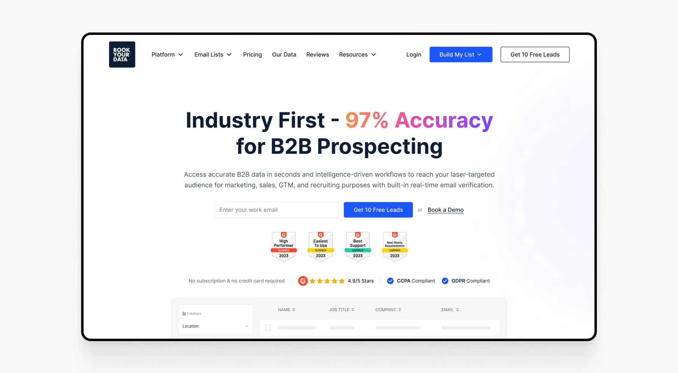 Homepage of bookyourdata.com showcasing 97% accuracy for B2B prospecting and G2 badges.