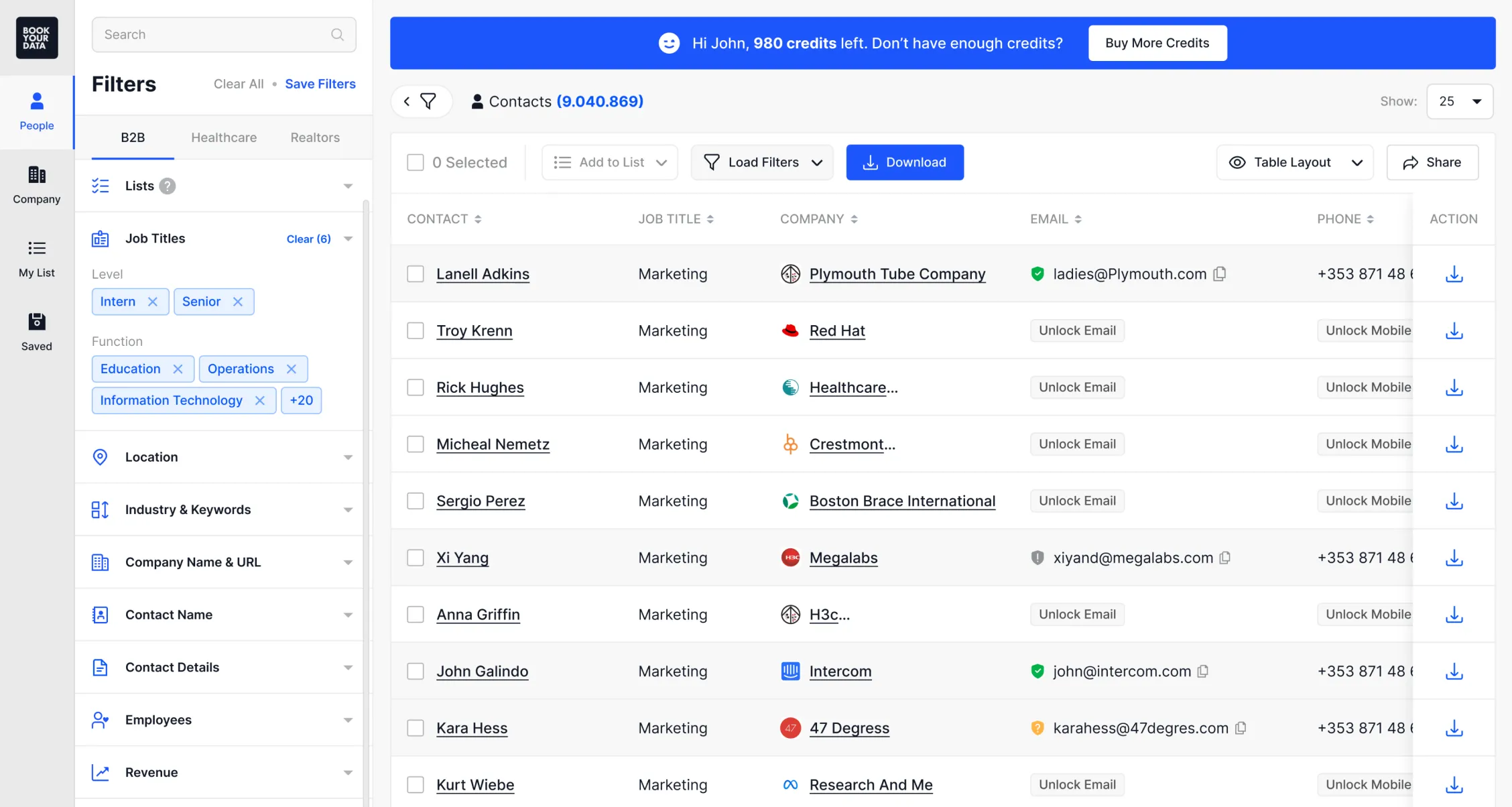User interface of Bookyourdata's contact list with filters and options for B2B data.