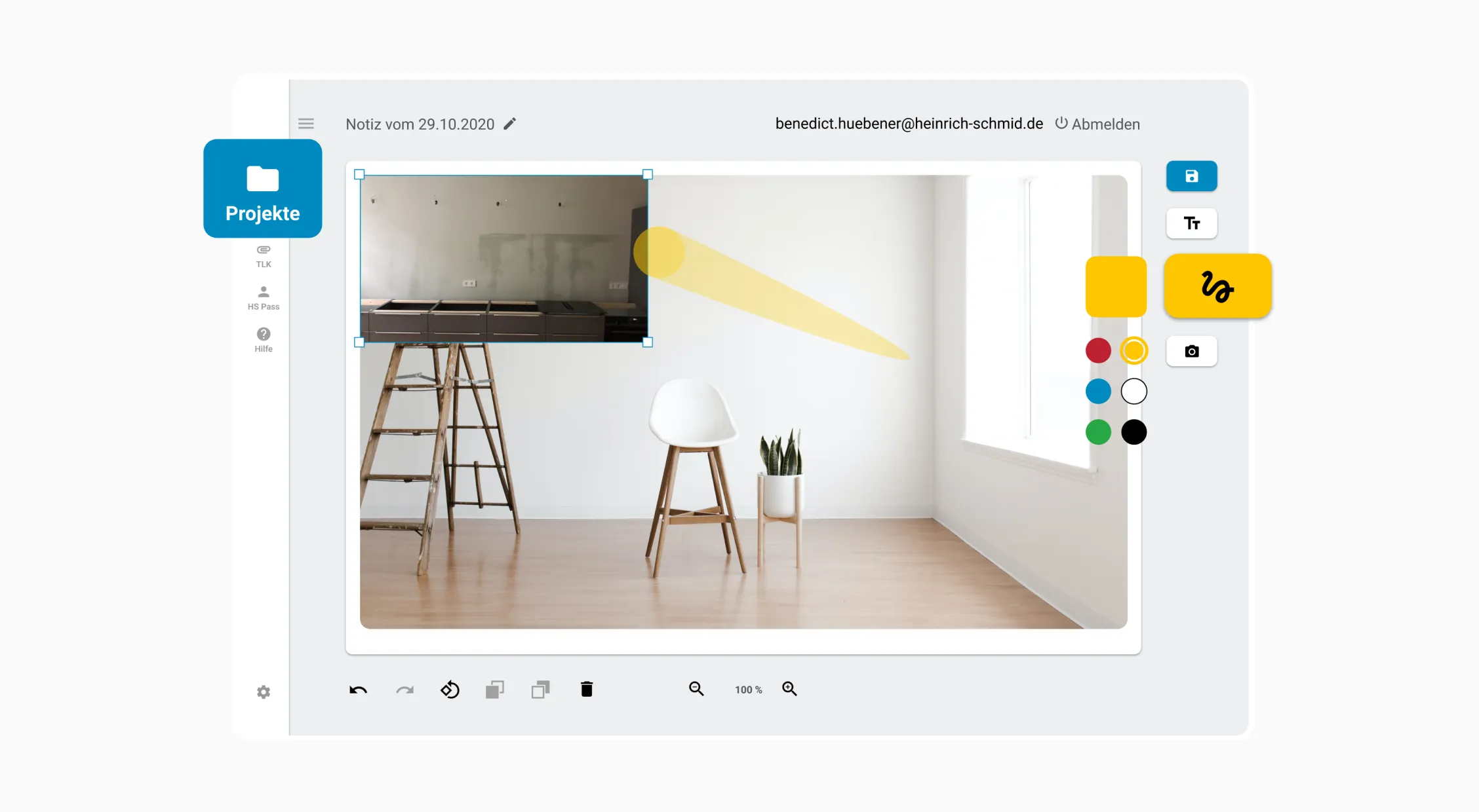 Web application interface of Heinrich Schmid's Baumappe app with image annotation tools and a user's email.