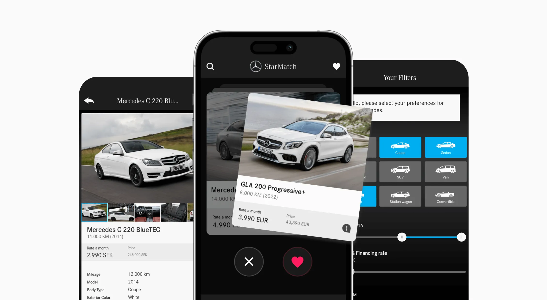 Three smartphones displaying car listings on the StarMatch app interface.