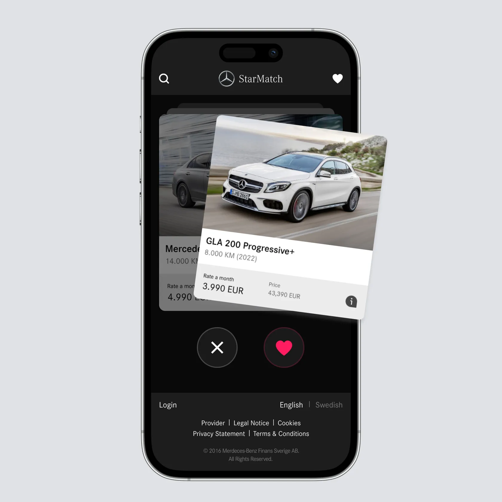 A mobile app displaying a swipeable card featuring details for a specific car model with pricing and specs.