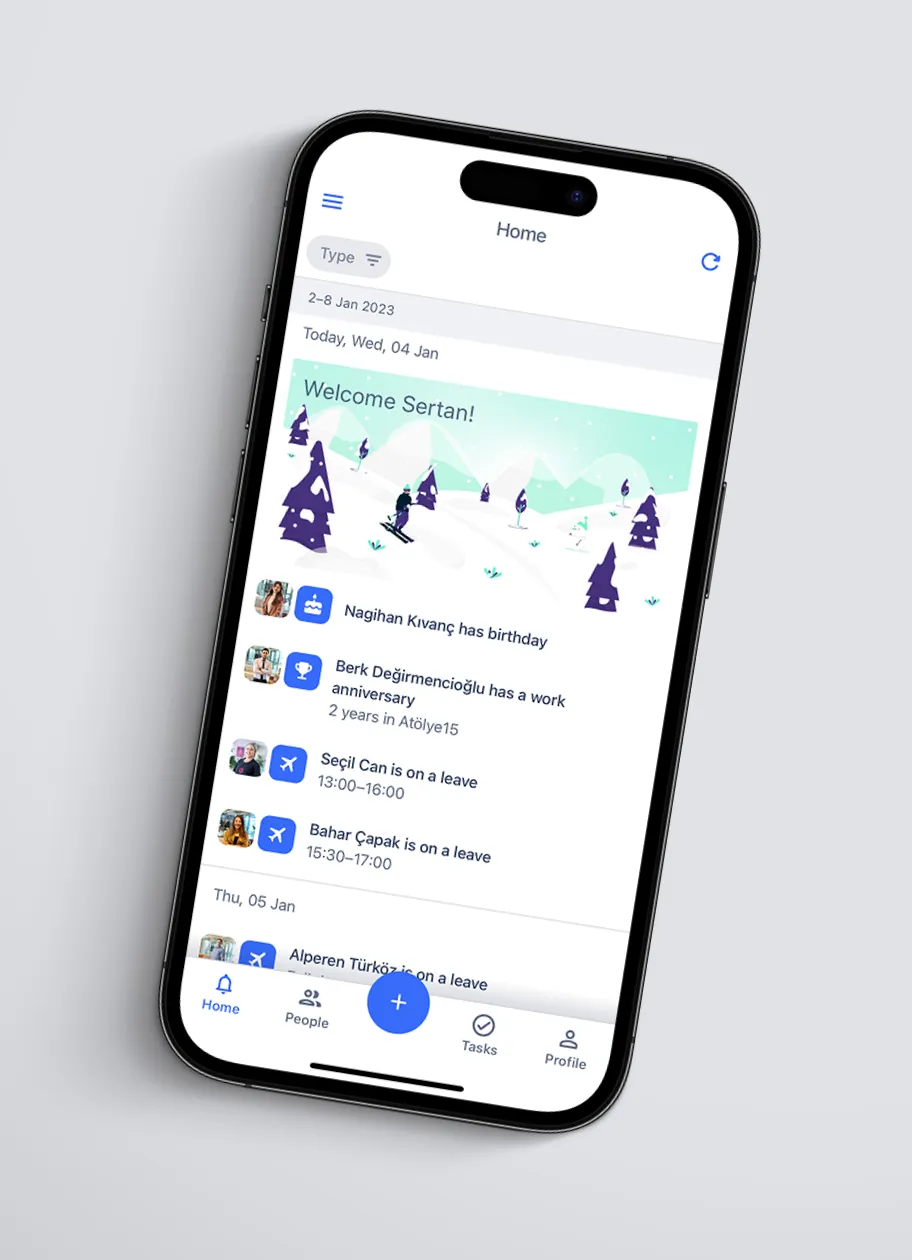 An HR platform’s home screen showing announcements for birthdays, work anniversaries, and upcoming leaves in a calendar view.