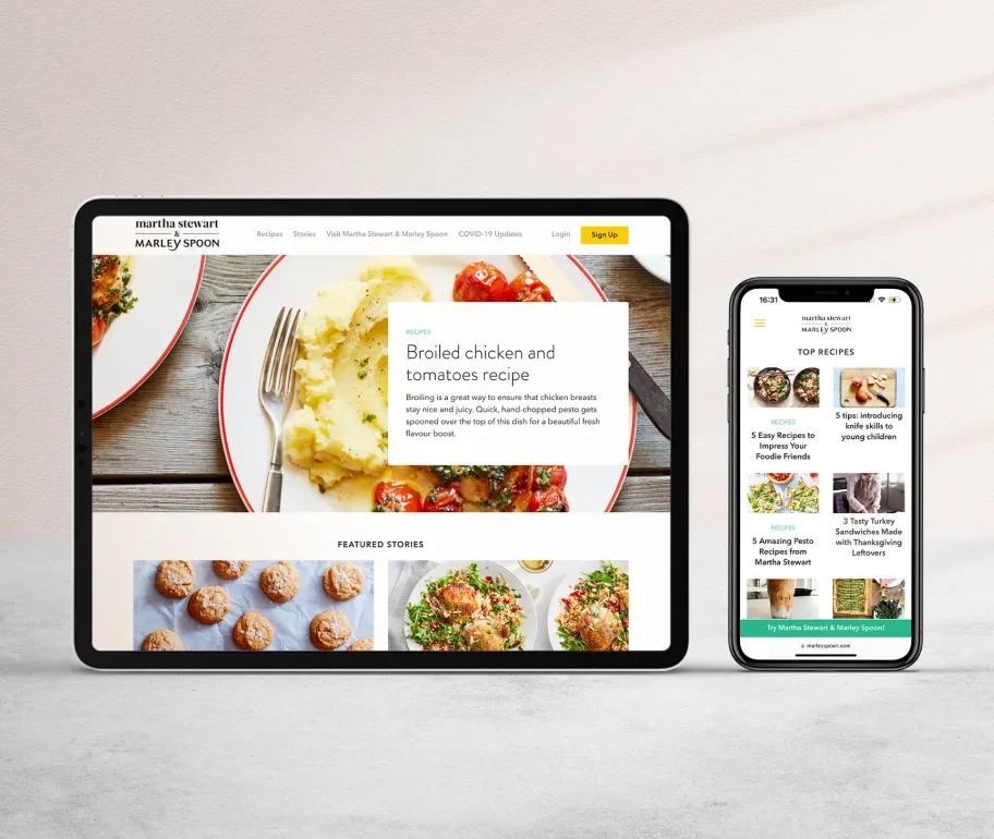 Recipe and food content platform shown on tablet and mobile, featuring curated dishes, articles, and cooking inspiration.
