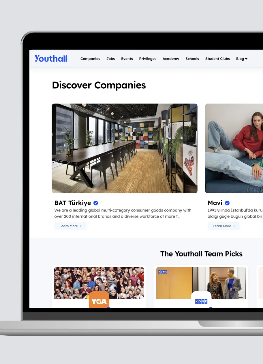 Youthall career discovery platform interface showcasing companies, opportunities, and content for students and young professionals.