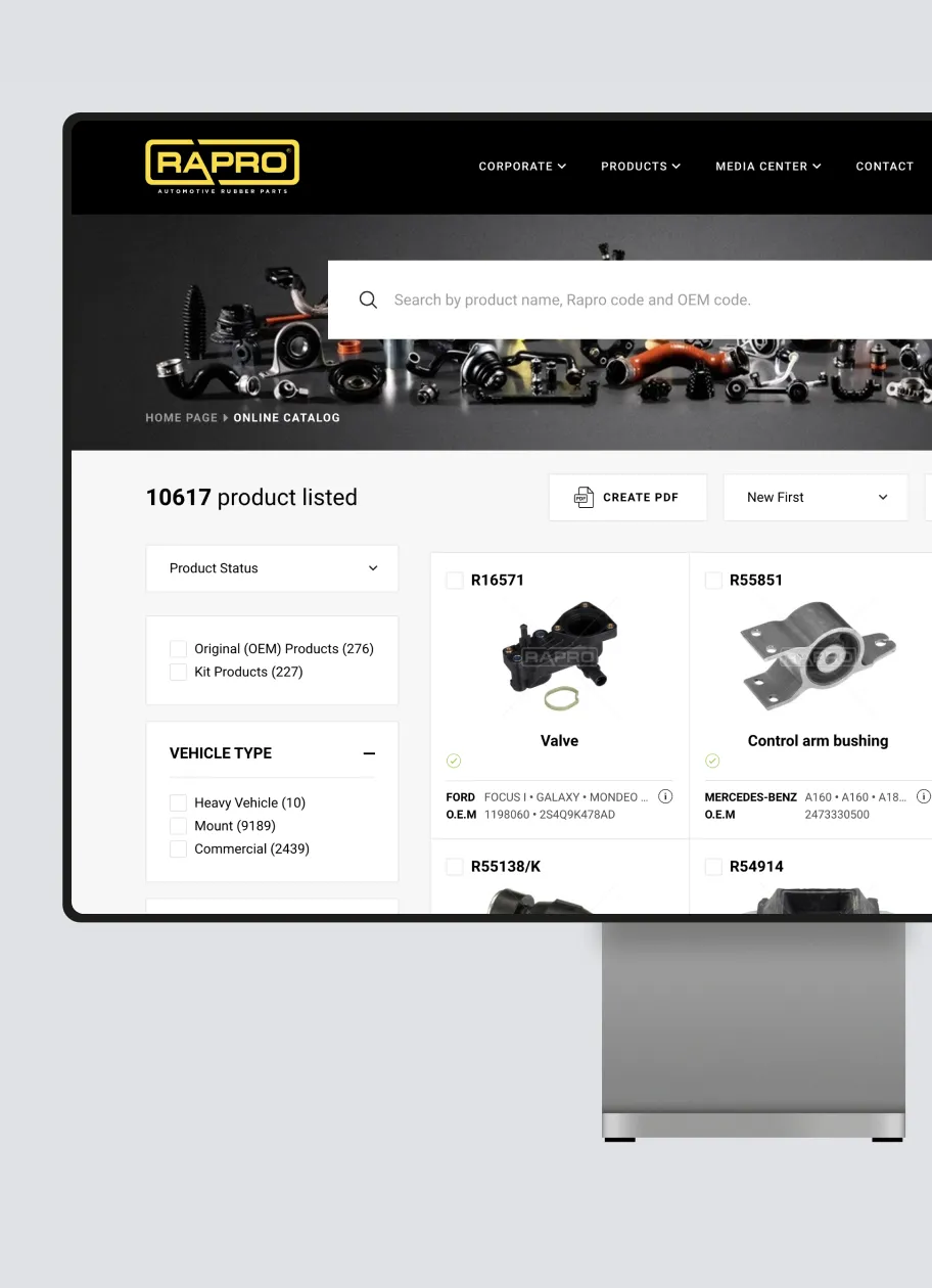 A product catalog displaying automotive parts, with filters for product status, vehicle type, and brand.