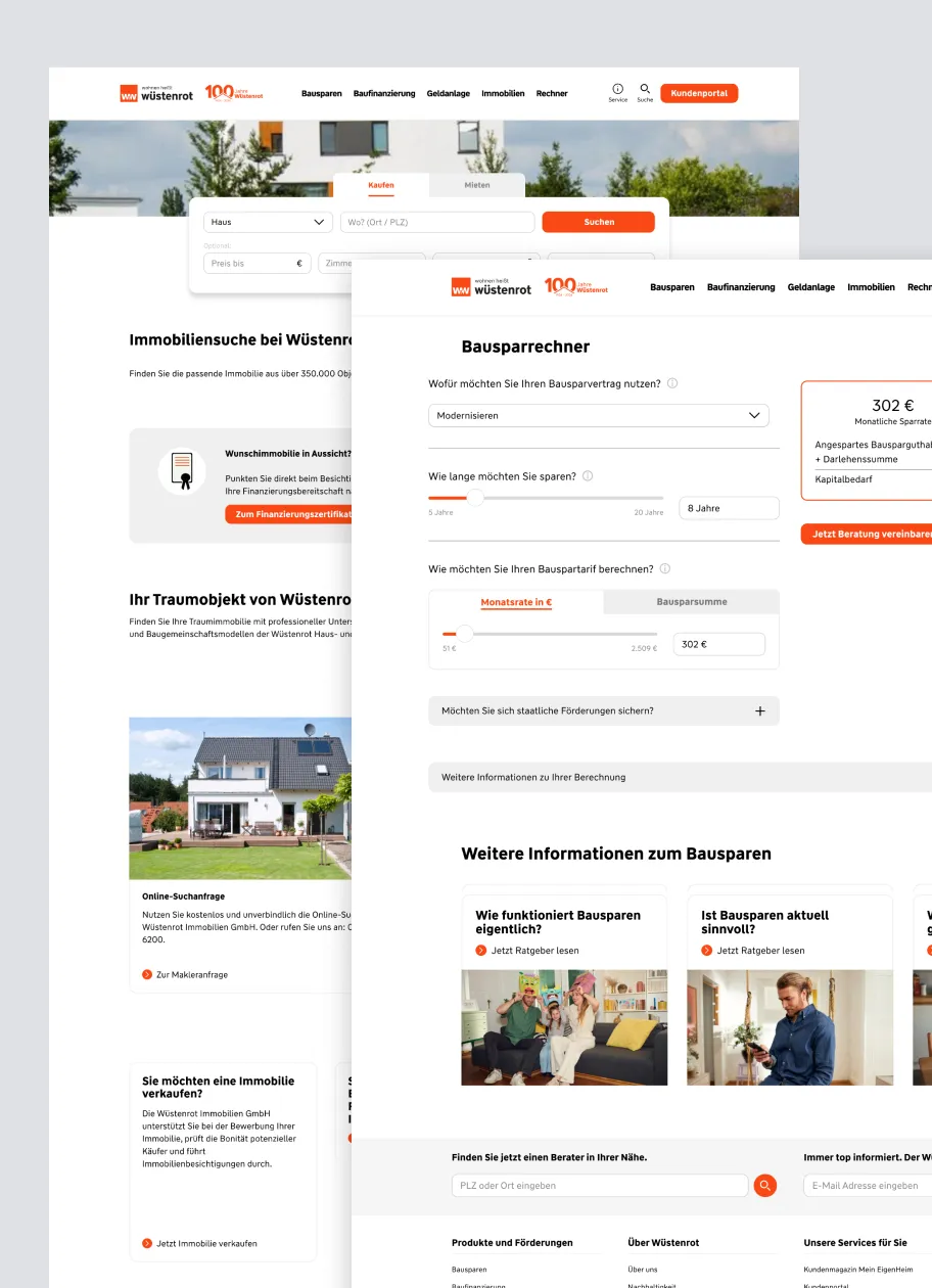A website interface for Wüstenrot, showcasing real estate search and a savings calculator for home financing.