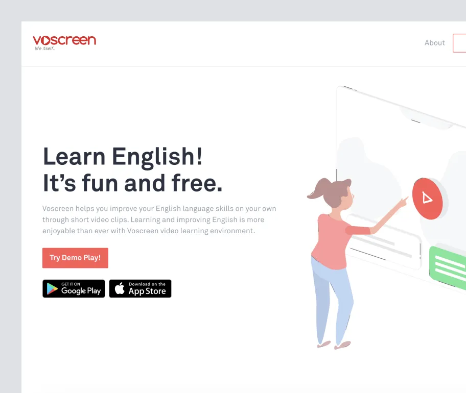 Voscreen language learning platform homepage promoting English learning through short videos and interactive content.