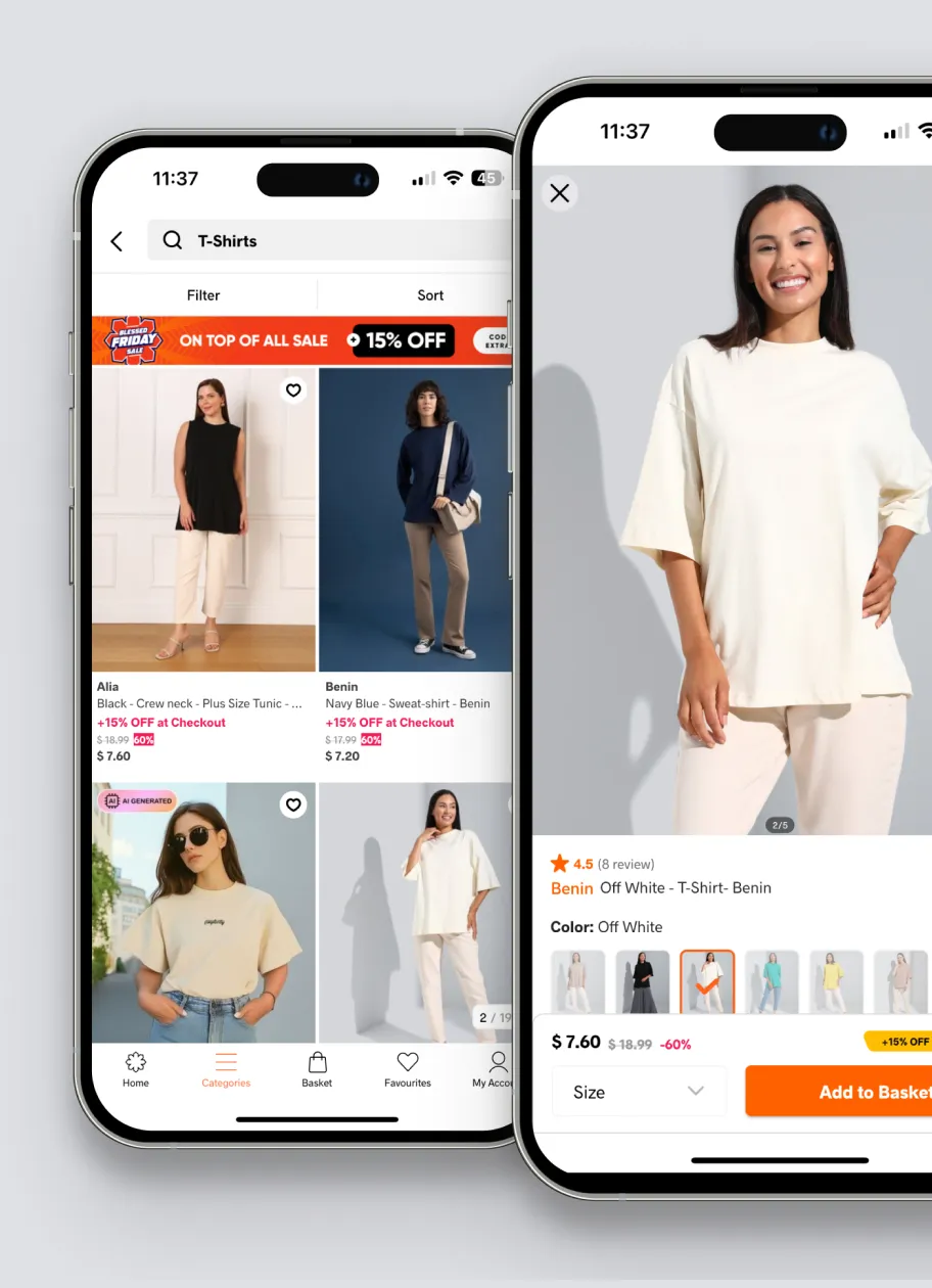 Mobile e-commerce app showing product listings and a product detail page with pricing, discounts, and add-to-basket flow.