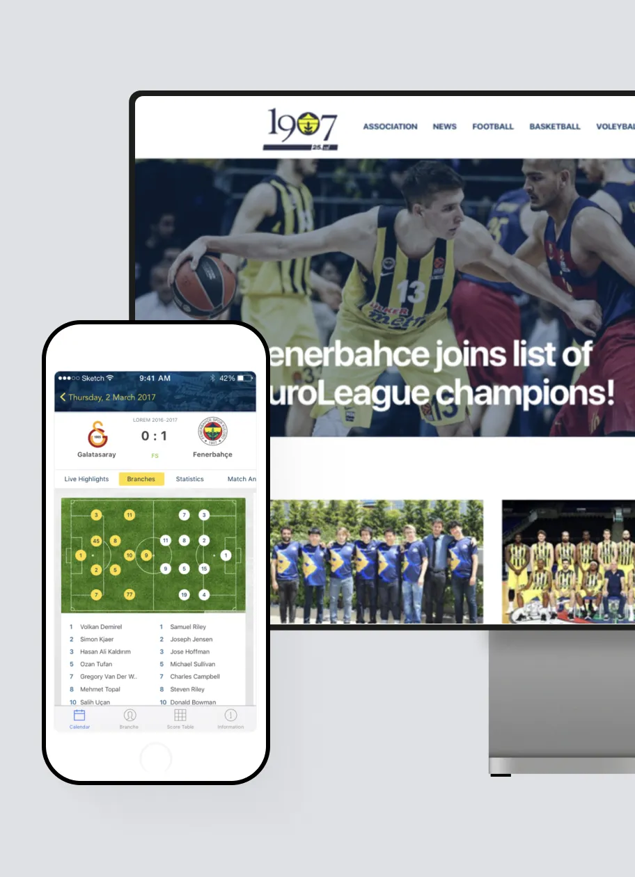Sports club website and mobile app showing match news, live statistics, lineups, and championship highlights.