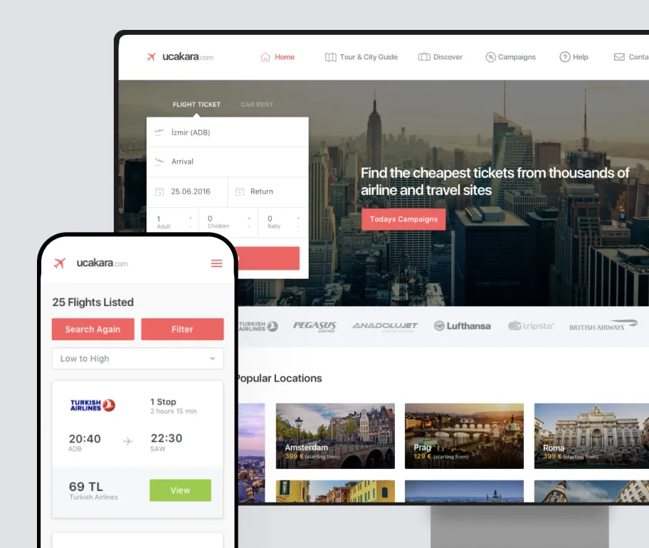 Flight search website and mobile app displaying airline comparisons, ticket prices, and travel booking features.