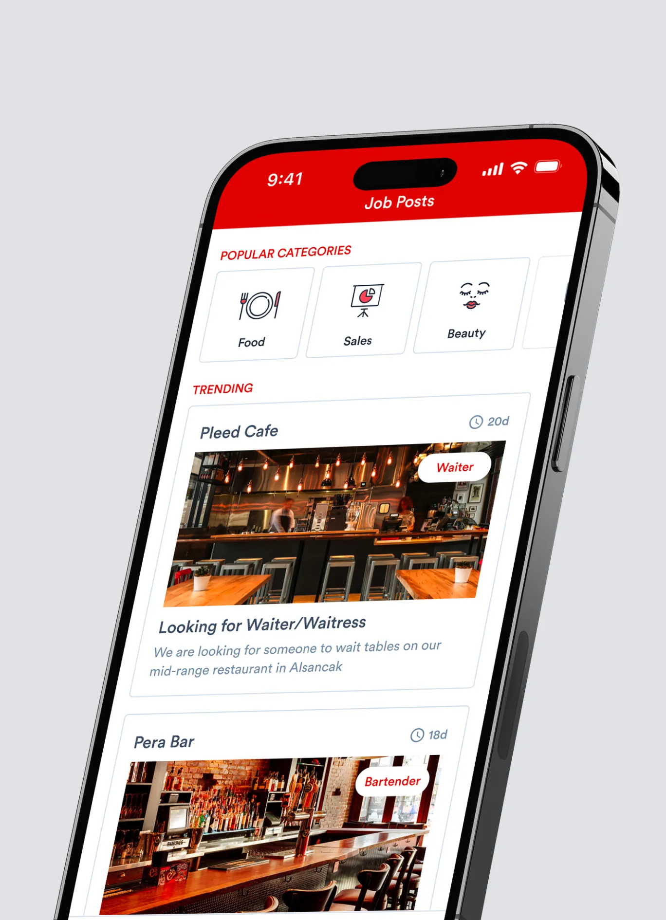 Mobile job listing app showing hospitality roles with categories, featured listings, and location-based job posts.