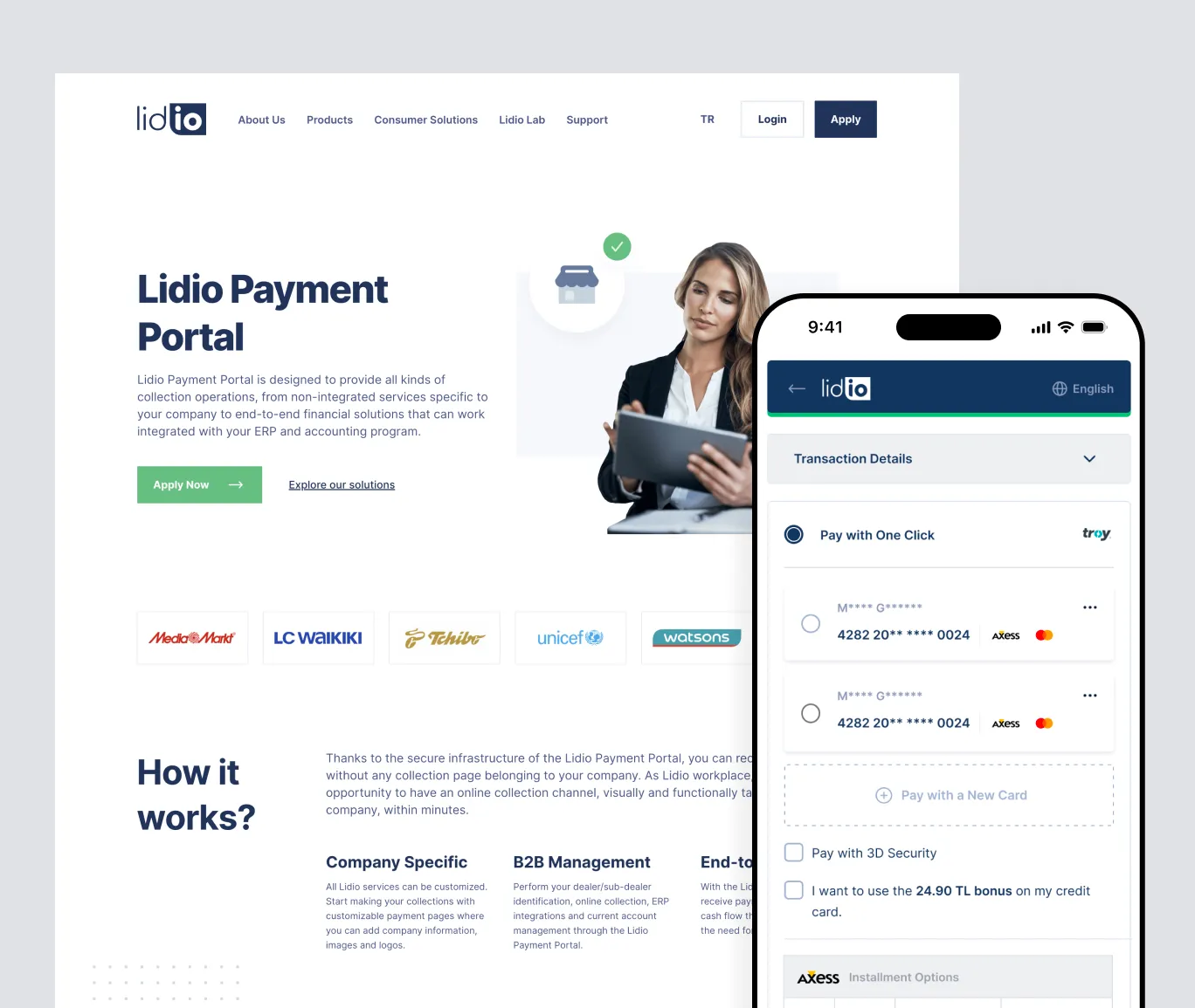 Lidio Payment Portal web and mobile interfaces showing secure online payment flows, transaction details, and one-click payment options.