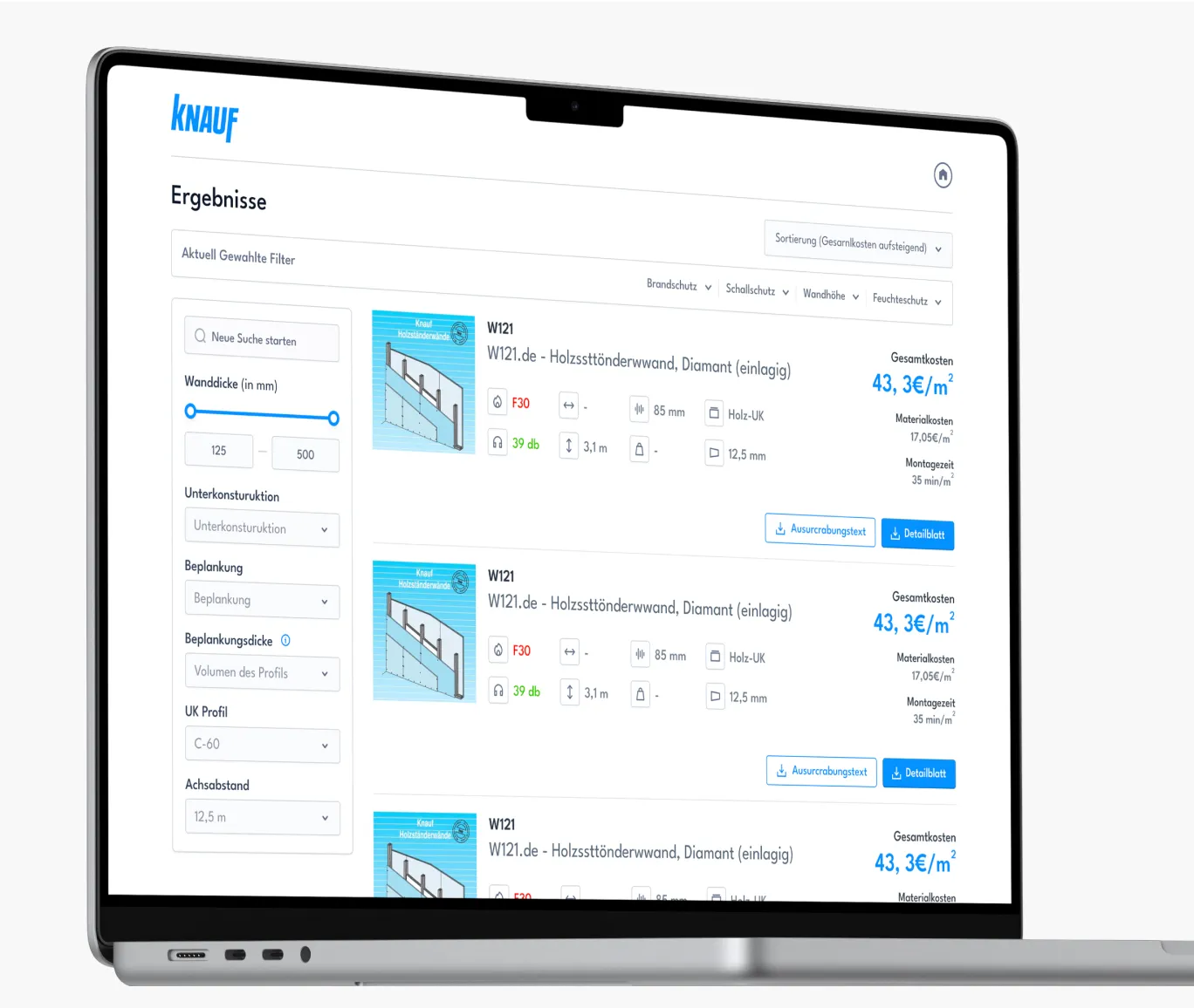 A laptop displaying the Knauf website with a product search interface for construction materials, filtering options, and pricing details.