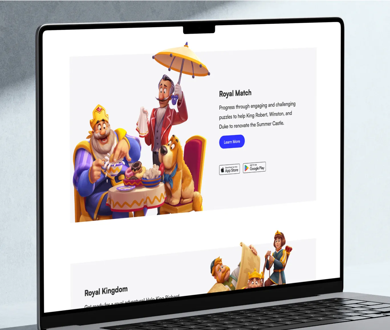 A web platform showcasing Royal Match game characters with a call-to-action for downloading from app stores.