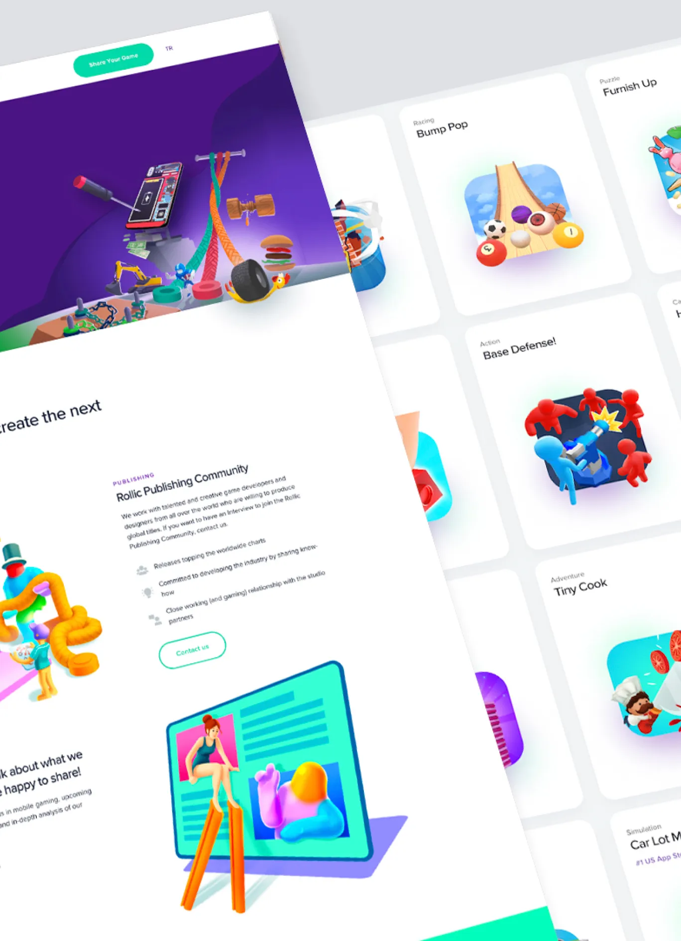 Rollic Games publishing platform interface showcasing mobile game titles, colorful illustrations, and featured game categories.