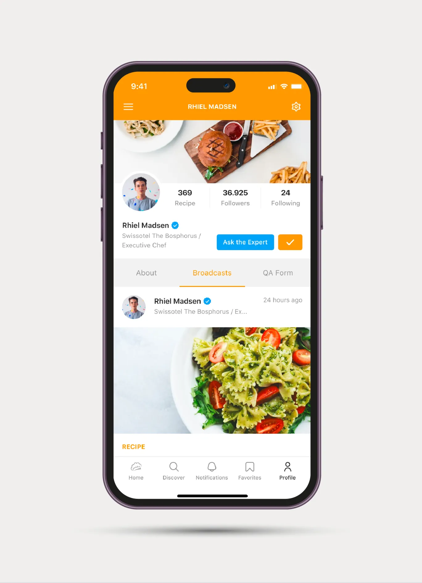 Mobile app profile of a professional chef showing recipes, followers, and food posts in a gastronomy-focused platform.