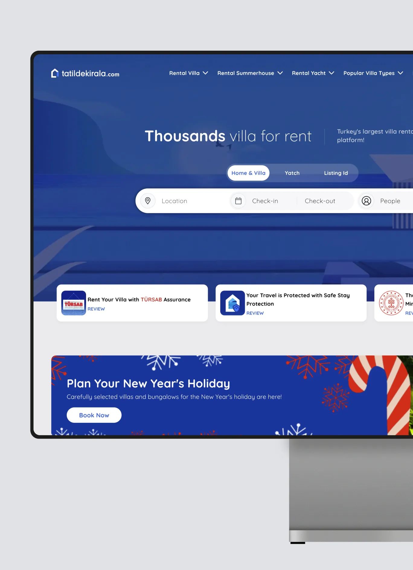Vacation rental platform interface showing villa listings, search filters, and booking options for holiday planning.