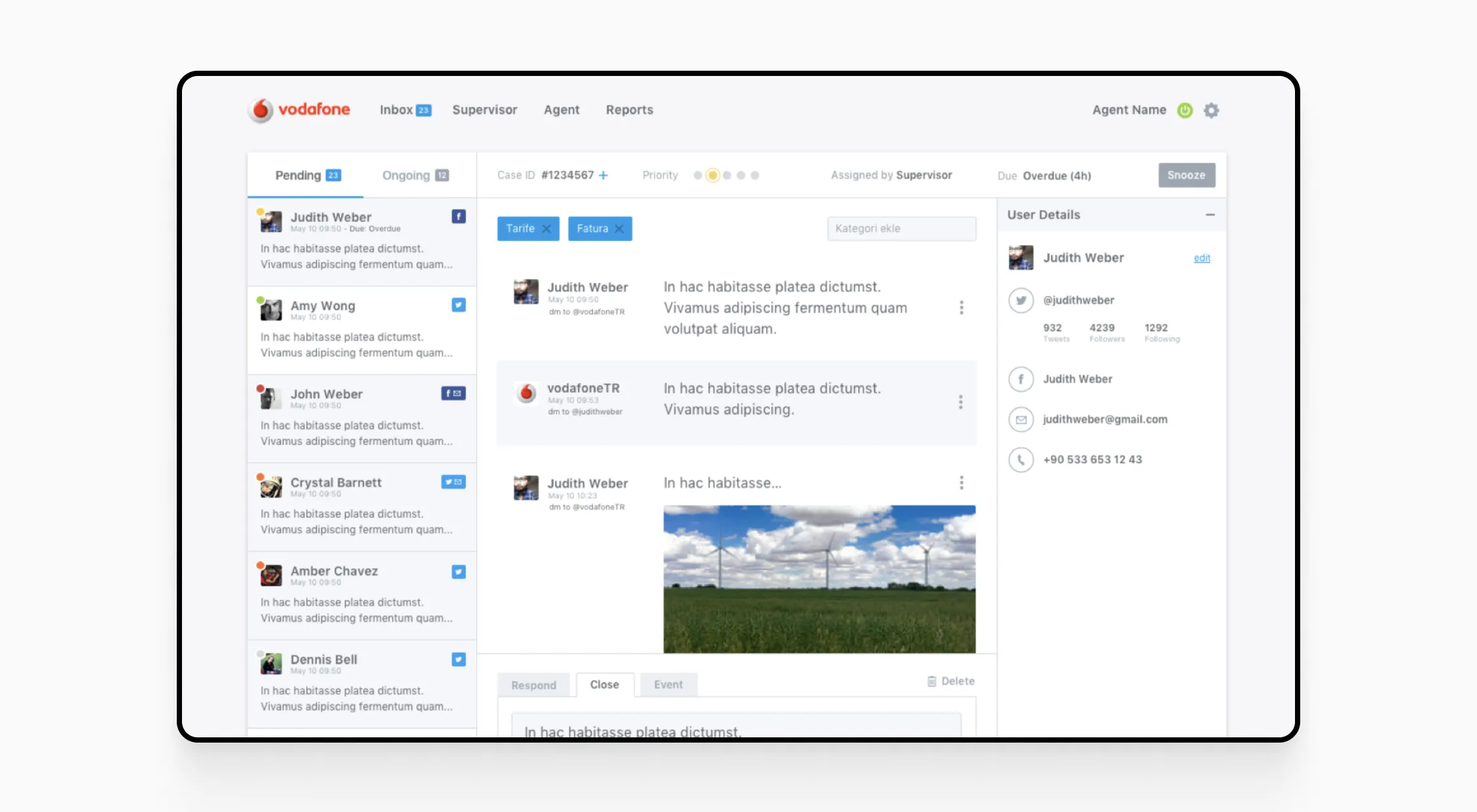 Monitera's dashboard showcasing a social media monitoring interface with user inquiries, message categories, and user details, featuring Vodafone branding.