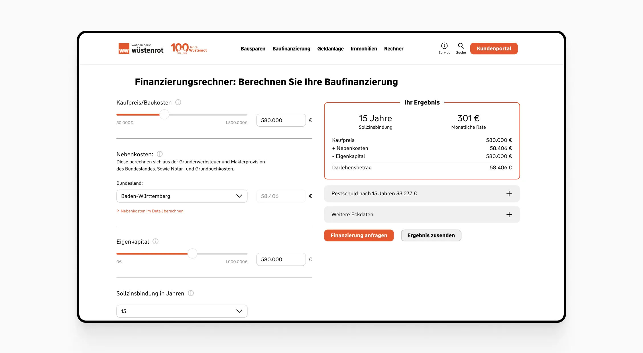 Wüstenrot mortgage calculator showing adjustable purchase price, extra costs, and equity, with a 15-year loan summary and monthly rate.