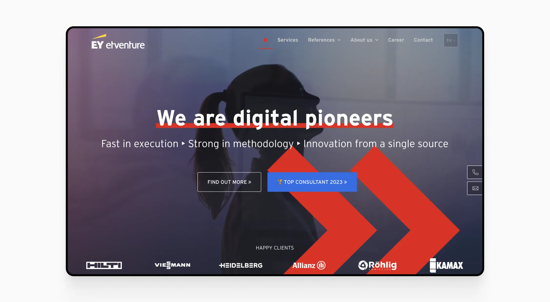 EY Etventure website header with the tagline "We are digital pioneers" and a "Top Consultant 2023" award badge. Client logos include Hilti, Viessmann, Heidelberg, Allianz, Röhlig, and Kamax.