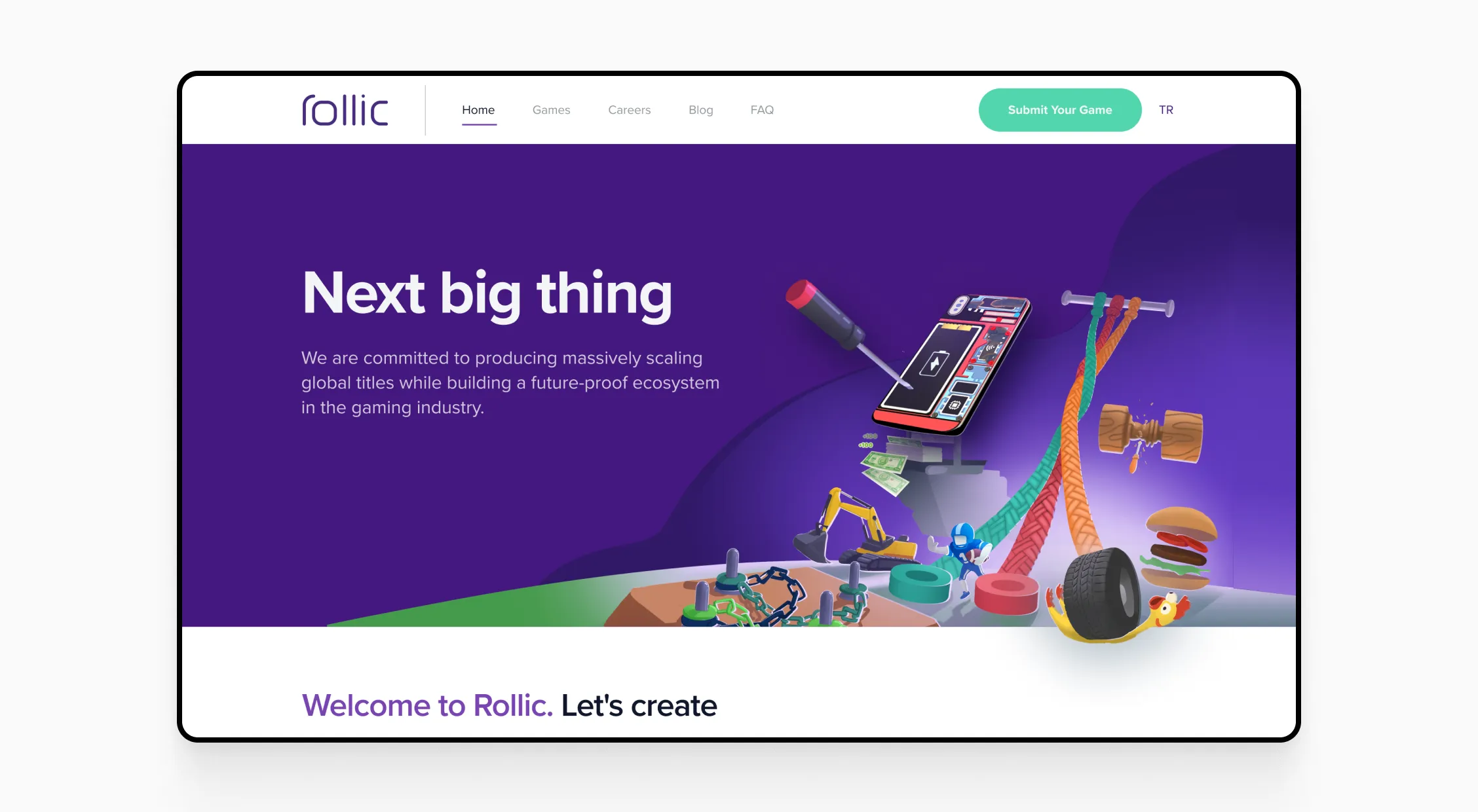 Homepage of Rollic Games showcasing a playful banner with mobile gaming elements, including a phone and cartoon props.